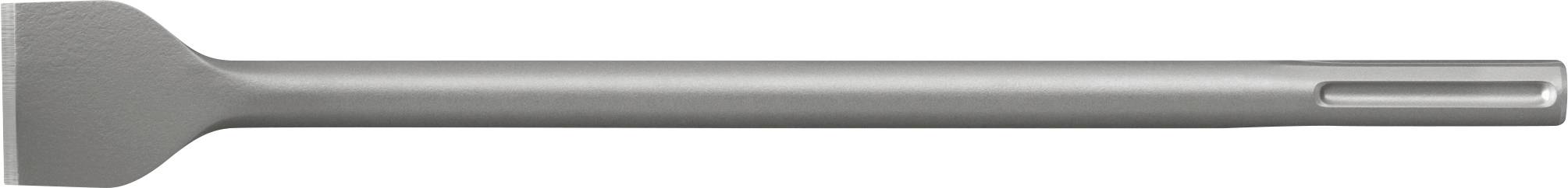 Metallmeißel mit flacher, breiter Klinge und langem Griff auf weißem Hintergrund.