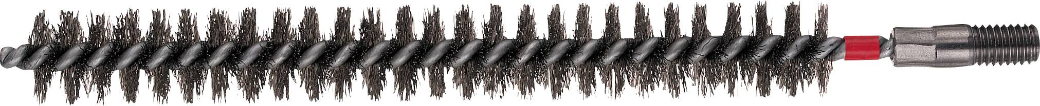 Eine zylindrische Drahtbürsten-Aufsatz mit dichten dunklen Borsten und einem metallischen Gewinde-Ende, dargestellt auf weißem Hintergrund.