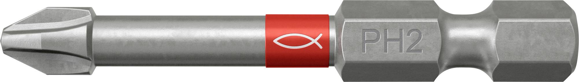 Nahaufnahme eines Phillips-Schraubendreherbits mit einem roten Band, das durch ein weißes Fischsymbol und die Größenbezeichnung PH2 gekennzeichnet ist.