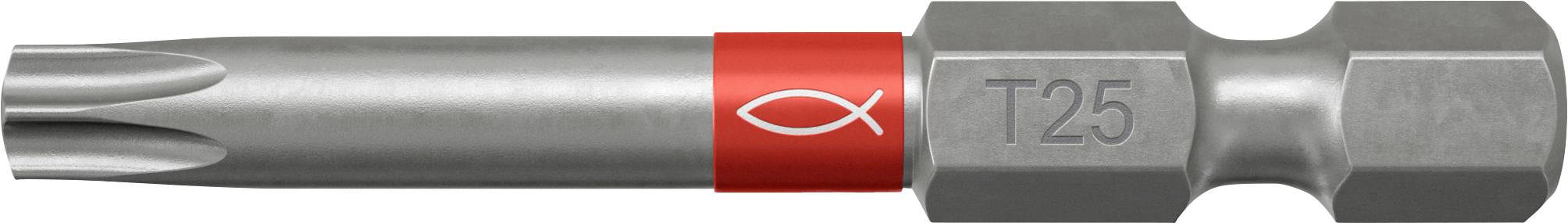 Ein Torx-T25-Schraubendreherbit mit silbernem Schaft, rotem Ring und eingraviertem Logo auf dem sechskantigen Schaft.
