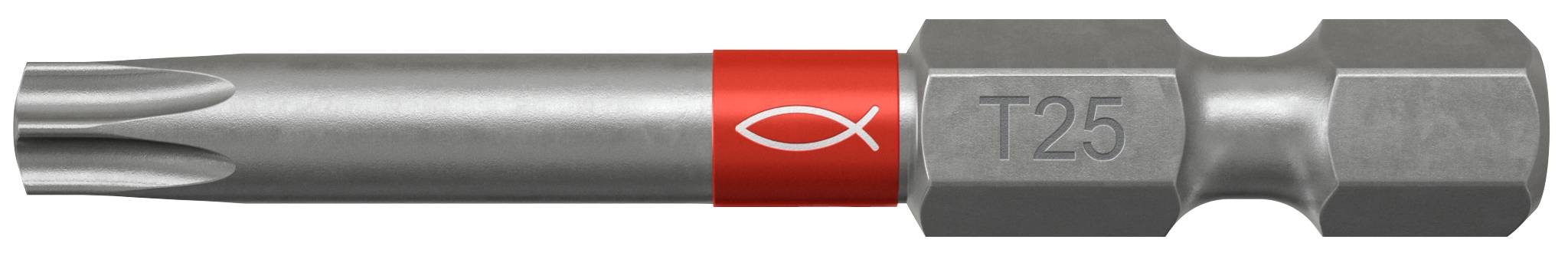 Nahaufnahme eines Torx-T25-Schraubendreherbits mit rotem Ring und silbernem Metallkörper, horizontal auf weißem Hintergrund abgebildet.