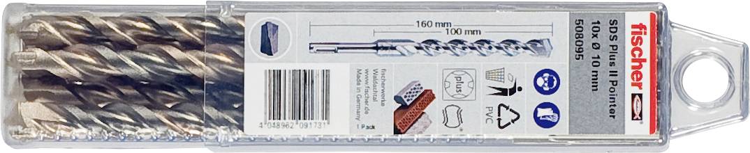 Verpackte Fischer-Metallbohrersatz in einem durchsichtigen Kunststoffkoffer, der mehrere Bohrer und Größenetiketten auf dem Etikett zeigt.
