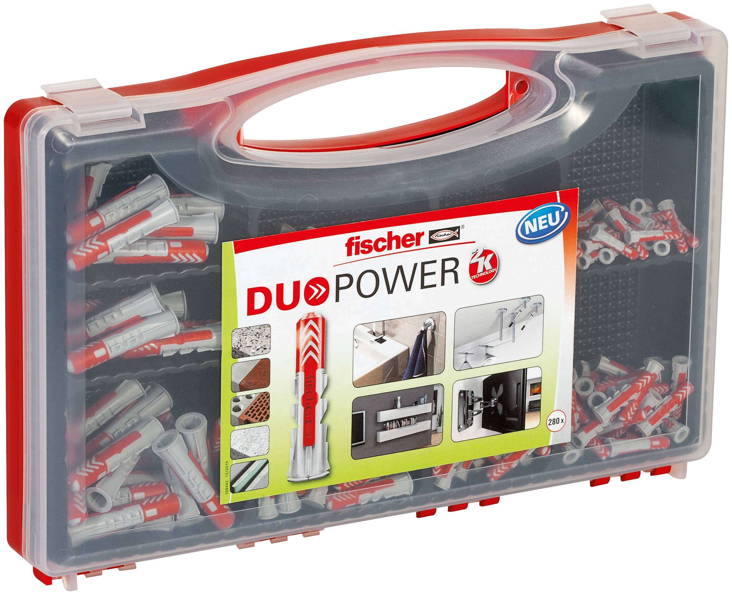Kunststofftragetasche mit Fischer DUOPOWER Dübeln und Schrauben, gekennzeichnet für das DUOPOWER-Befestigungssystem.