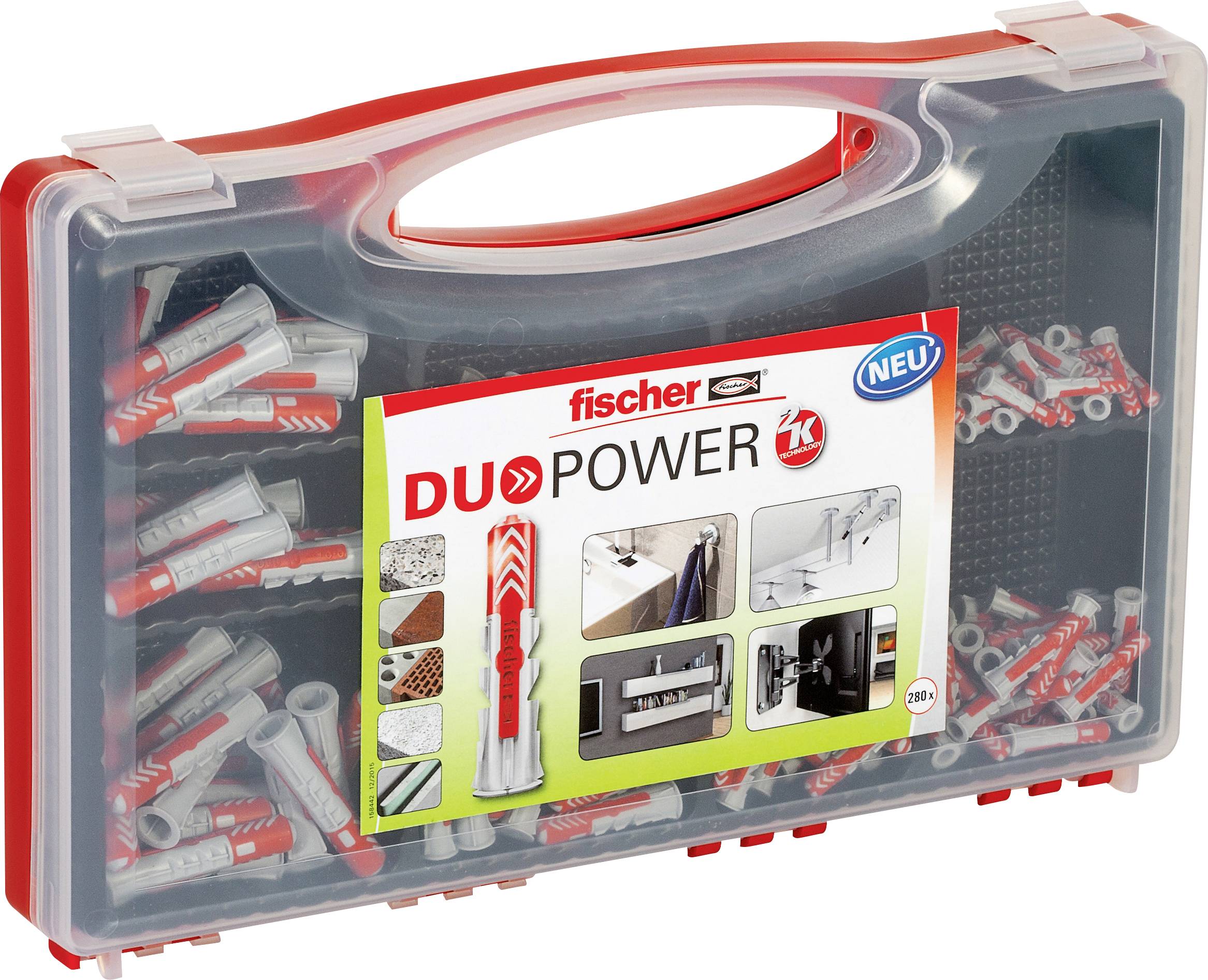 Kunststofftragetasche mit Fischer DUOPOWER Dübeln und Schrauben, gekennzeichnet für das DUOPOWER-Befestigungssystem.