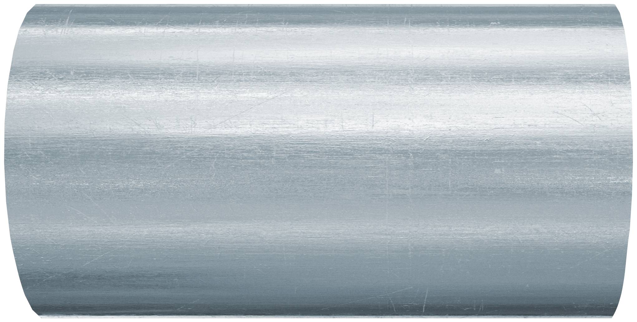 Nahaufnahme eines glatten metallischen zylindrischen Stabes oder Rohrs mit einer gebürsteten silbergrauen Oberfläche, horizontal auf weißem Hintergrund gezeigt.