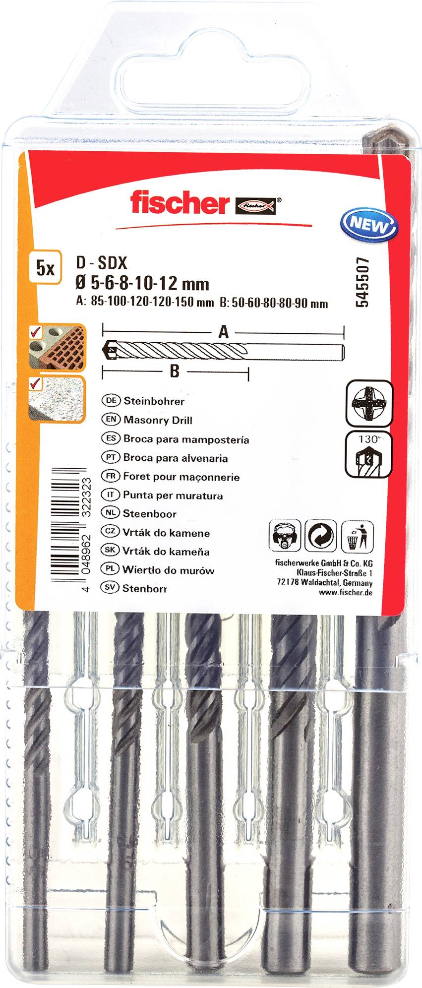 Paket mit 5 Fischer D-SDX Steinbohrern, Größen 6-10-12 mm, in durchsichtiger Kunststoffblisterpackung.