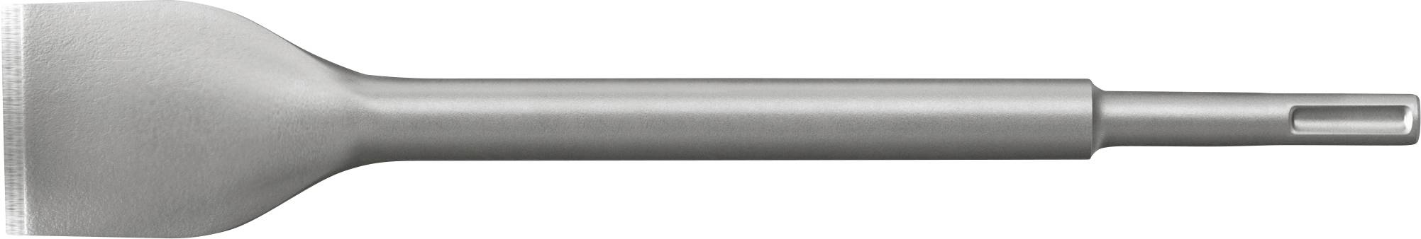 Metallmeißel mit breiter flacher Klinge und zylindrischem Schaft, horizontal auf weißem Hintergrund dargestellt.