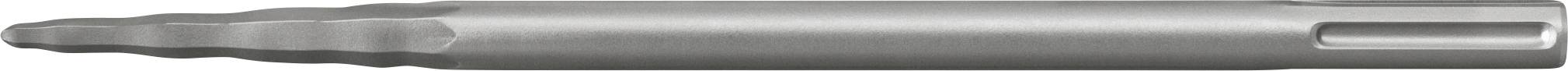 Ein silberner Metallstab oder Griff mit einer abgerundeten Spitze und einem geschlitzten Ende, horizontal auf weißem Hintergrund dargestellt.