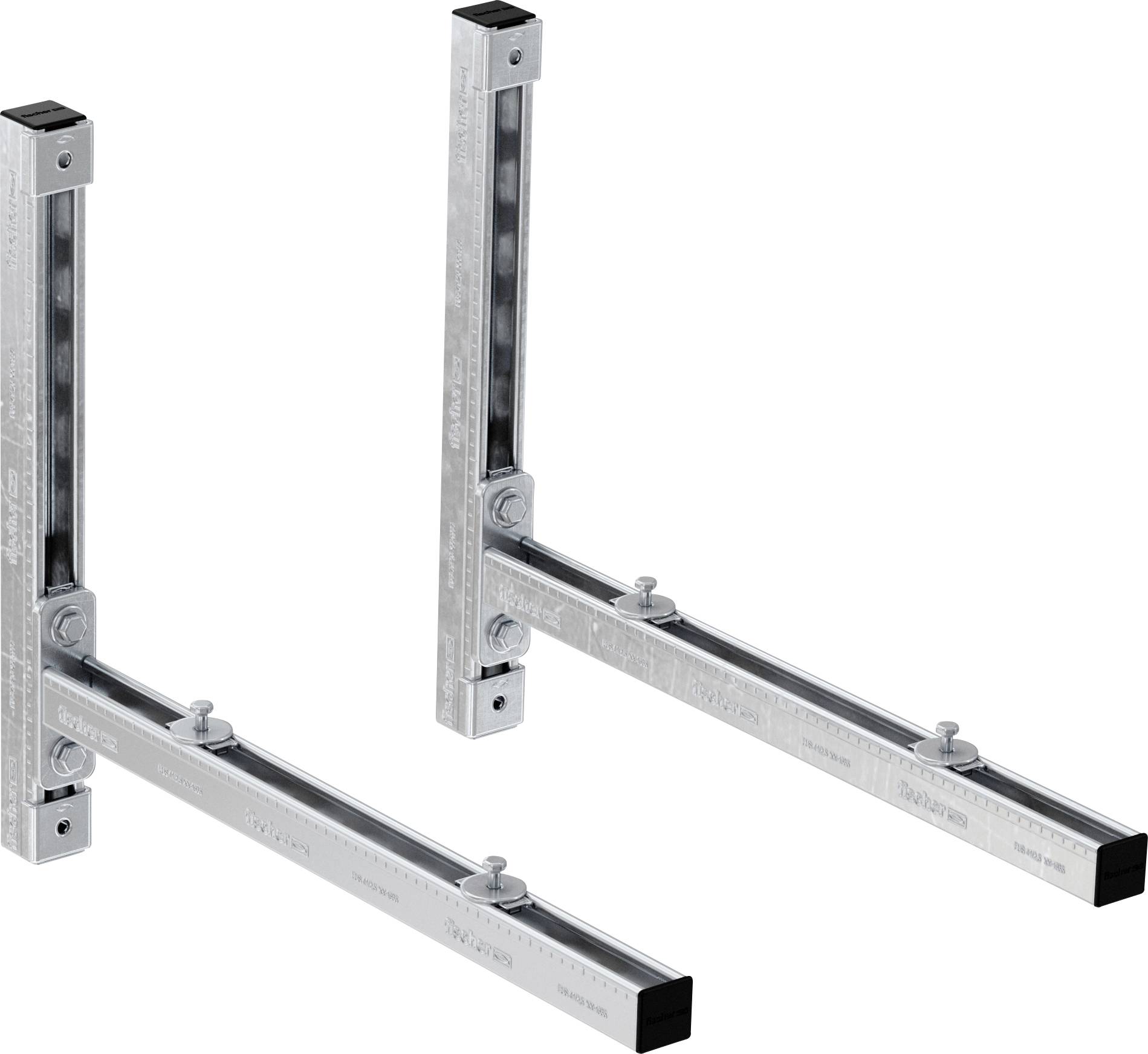 Zwei verzinkte Metallwandhalterungen mit einstellbaren horizontalen Armen, dargestellt vor weißem Hintergrund.