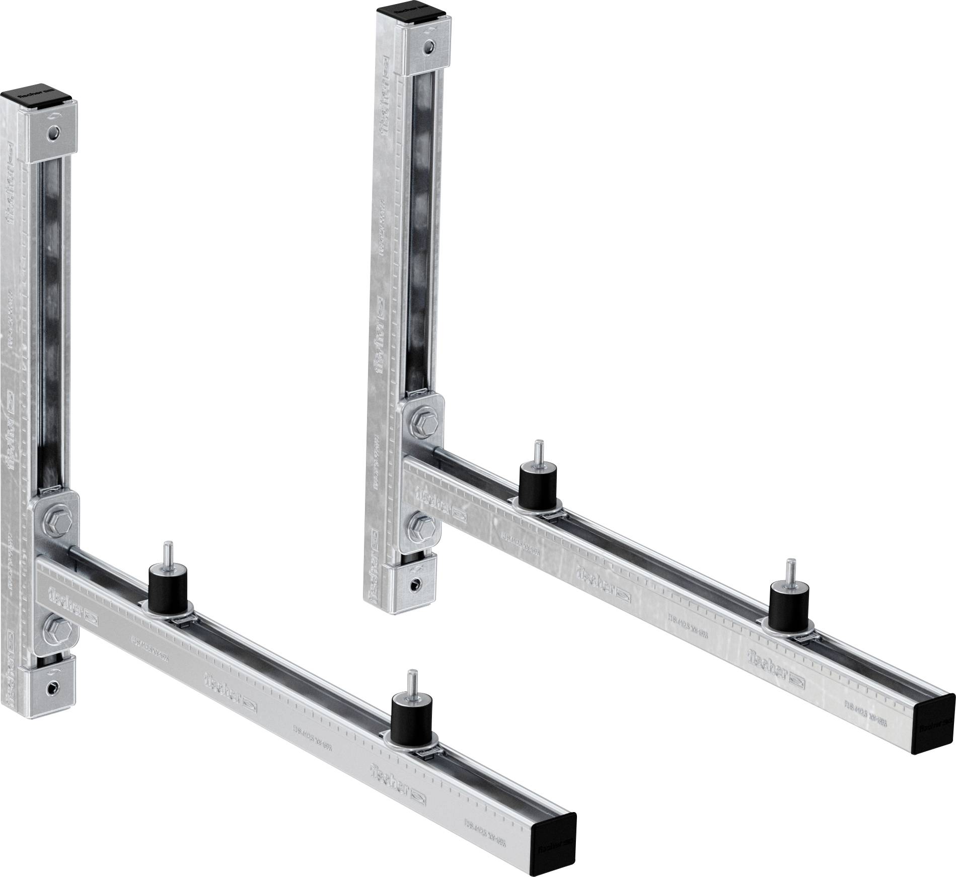 Zwei verstellbare Metallwandhalterungen mit horizontalen Armen und schwarzen Abstandshaltern, gezeigt auf weißem Hintergrund.