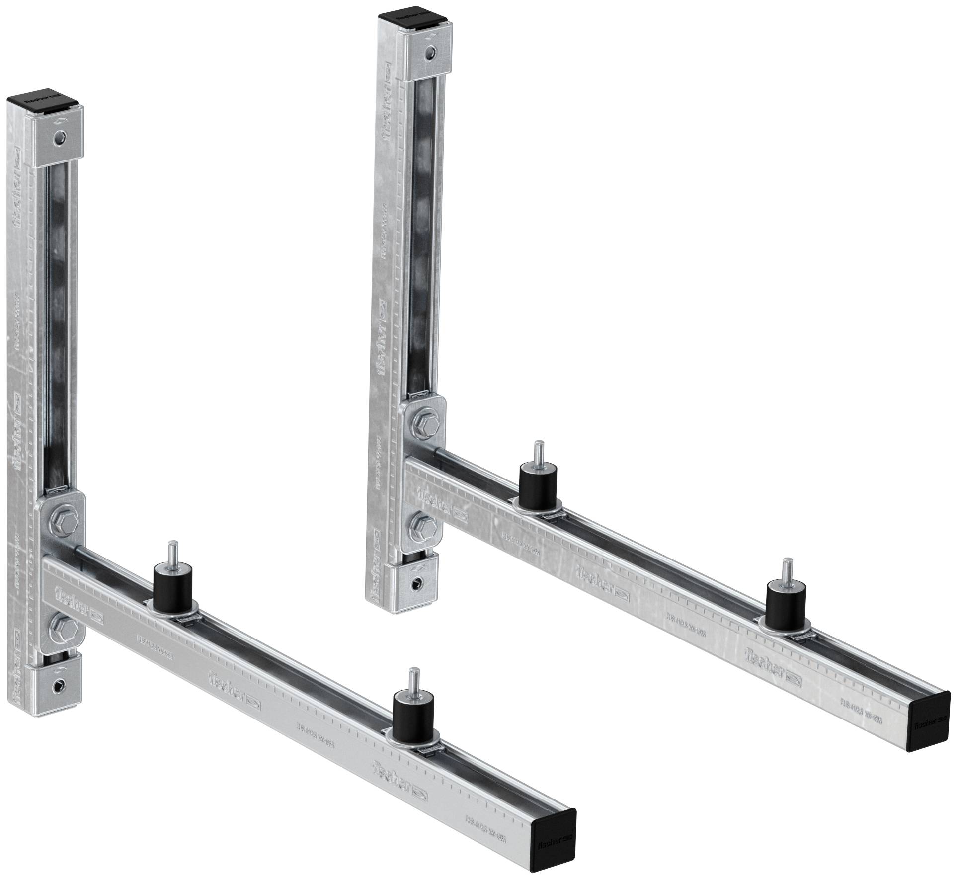 Zwei verstellbare Metallwandhalterungen mit langen horizontalen Armen und schwarzen Montageposten, dargestellt auf weißem Hintergrund.