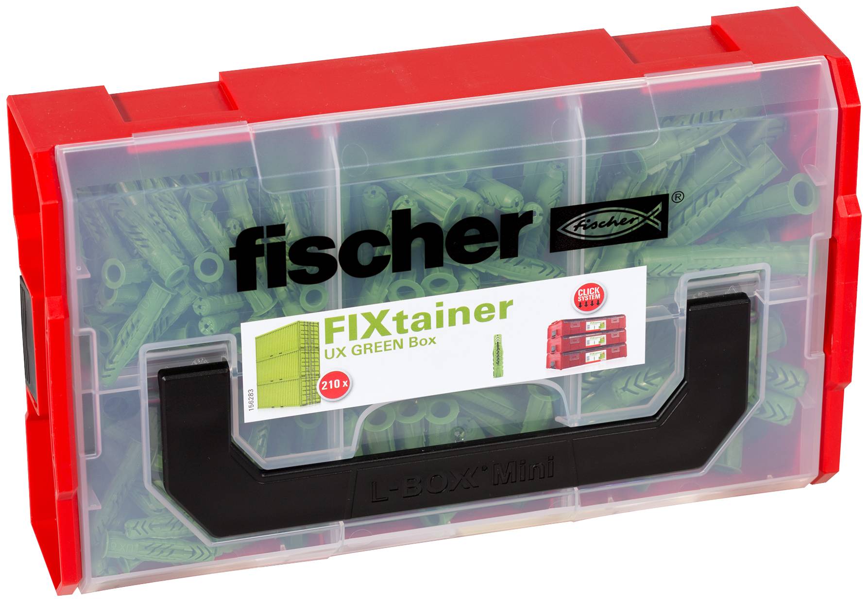 Kunststoff-Lagerkiste Fischer FIXtainer UX GREEN Dübel, mit transparentem rotem Deckel und sichtbaren grünen Wanddübeln im Inneren.
