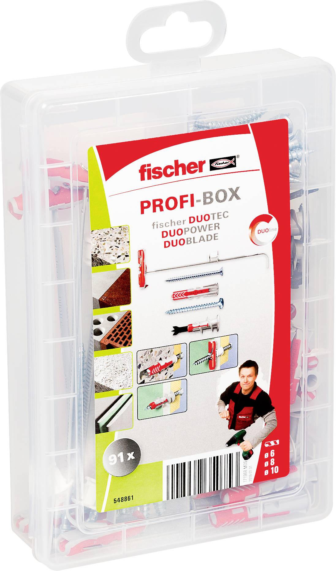 Fischer PROFI-BOX DuoPower Dübel- und Schrauben-Sortiment in einer transparenten Kunststoff-Aufbewahrungsbox mit Frontbeschriftung und enthaltenen Wandanker.