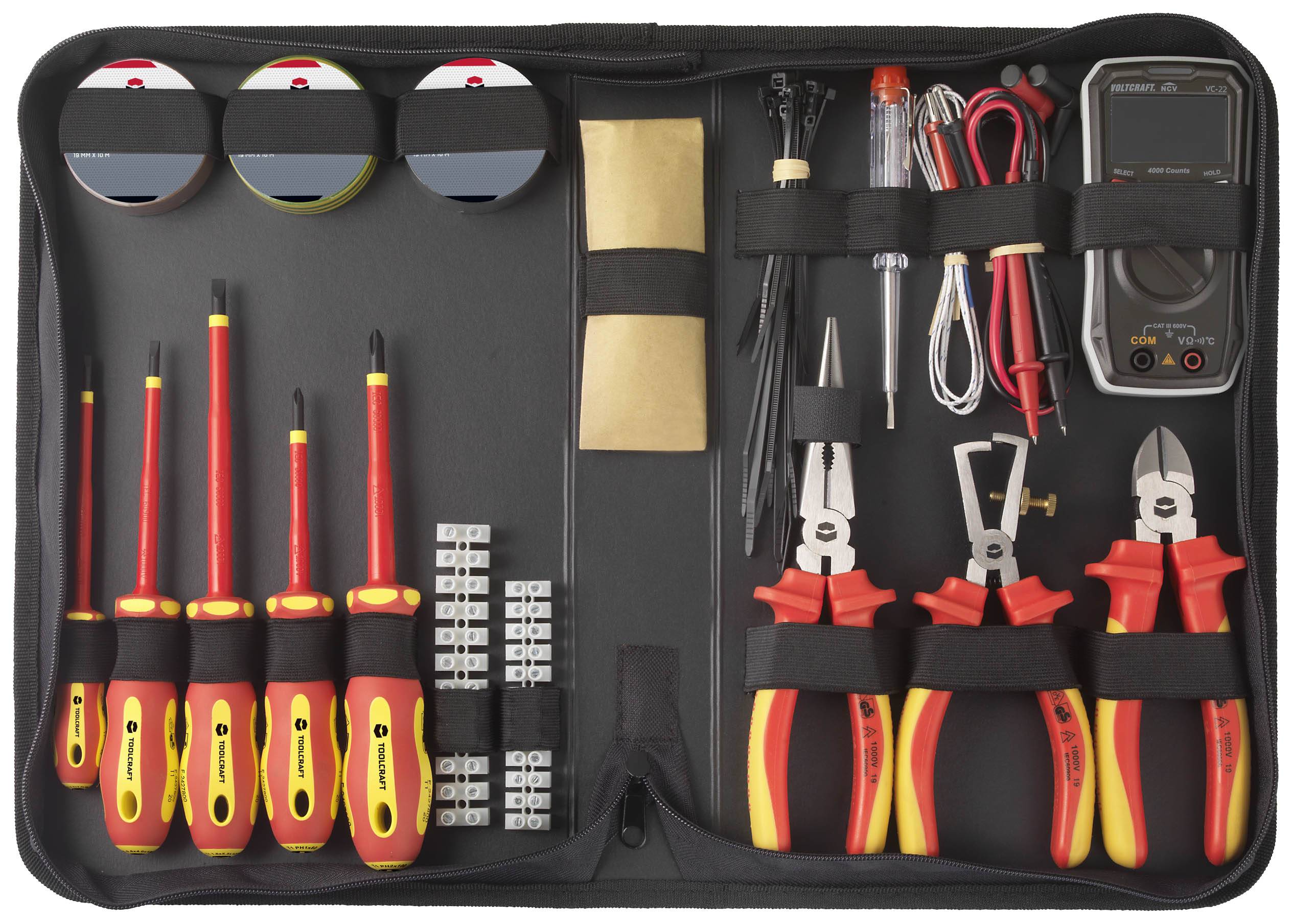 TOOLCRAFT TO-7762929 Elektriker, Heimwerker Werkzeugset in Tasche 50teilig with Digital multimeter VOLTCRAFT VC-22