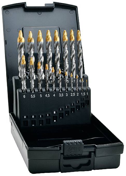 Ein offener Koffer mit 19 Metallbohrern verschiedener Größen, von 1,0 bis 10,0 mm, in einer organisierten Halterung.
