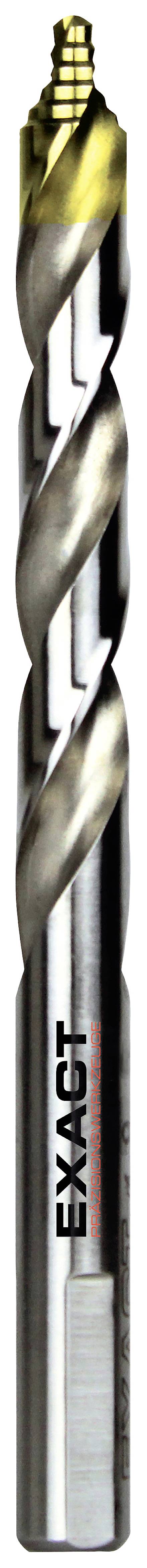 Metallbohrer mit verwundener Spirale, gold- und silberfarben. Aufschrift 'EXACT'. Geeignet für präzises Bohren in Metall.