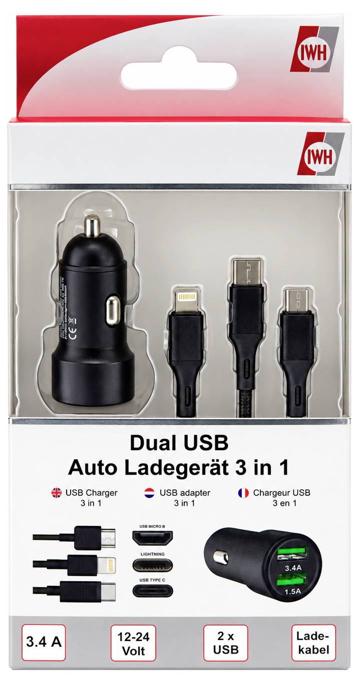 IWH Dual USB Auto Ladegerät 3IN1 12/24V / 3,4A Belastbarkeit Strom max.=3.4A 12/24V