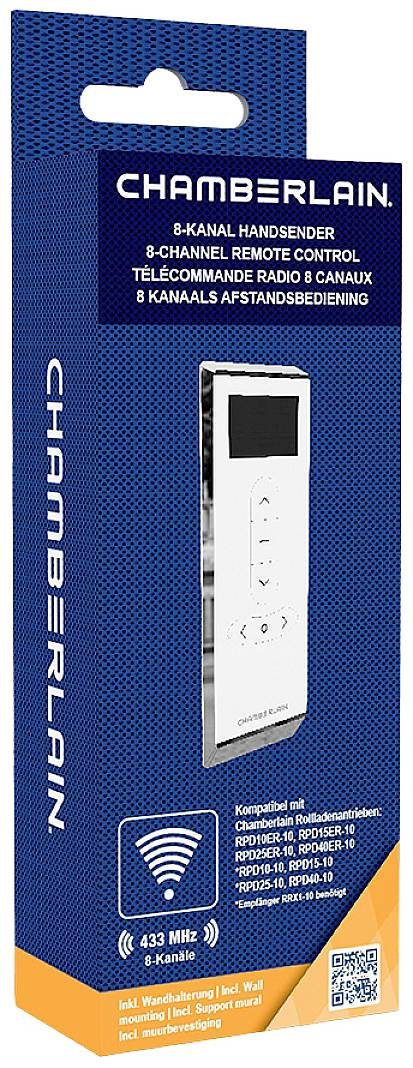 '8-Kanal Handsender' von Chamberlain. Verpackung zeigt ein Fernbedienungsgerät für Garagentorsteuerung mit 433 MHz Frequenz.