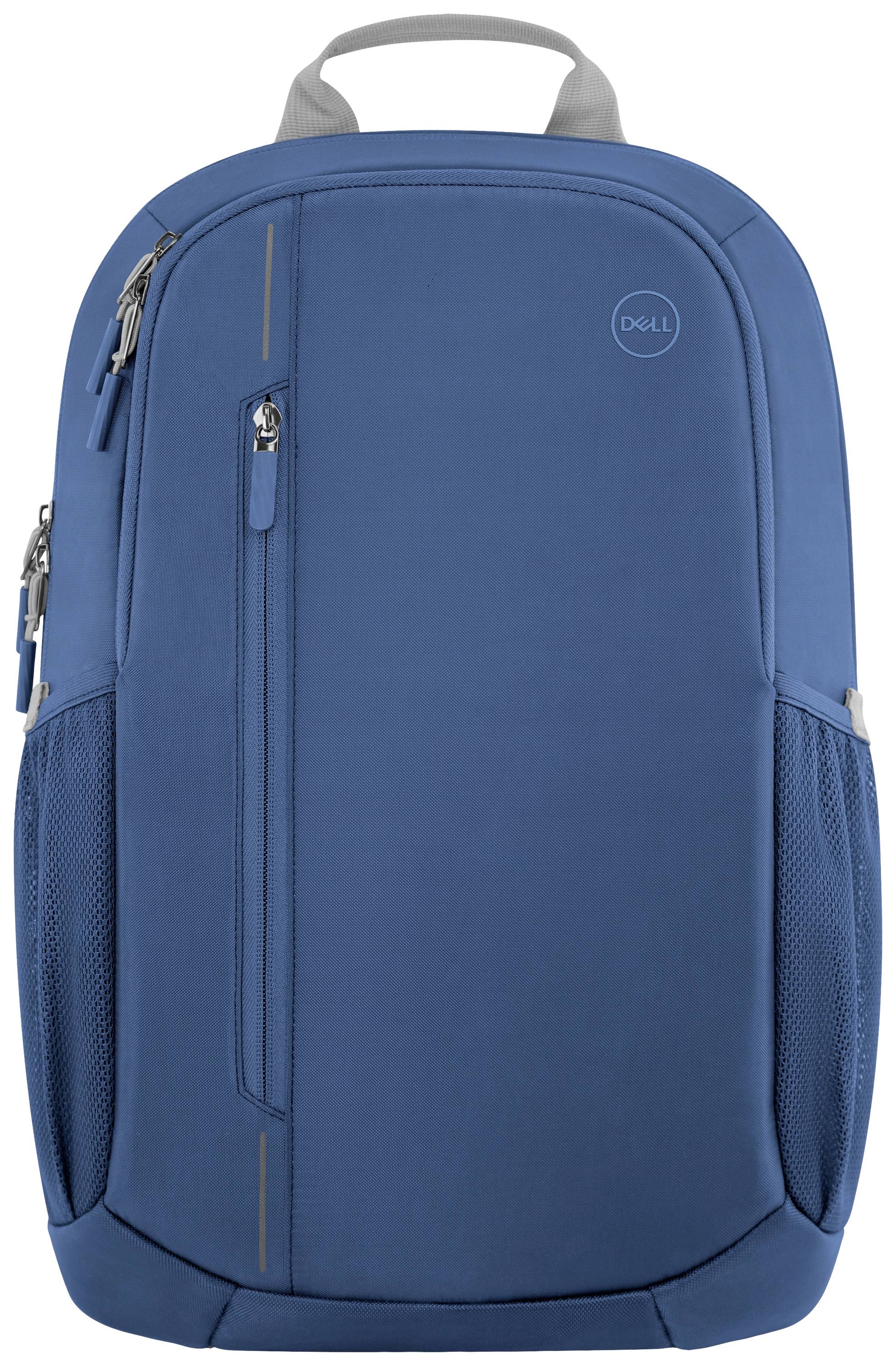 Blauer Rucksack mit mehreren Reißverschlüssen und Fächern, geeignet für den Transport von Laptops und persönlichen Gegenständen.