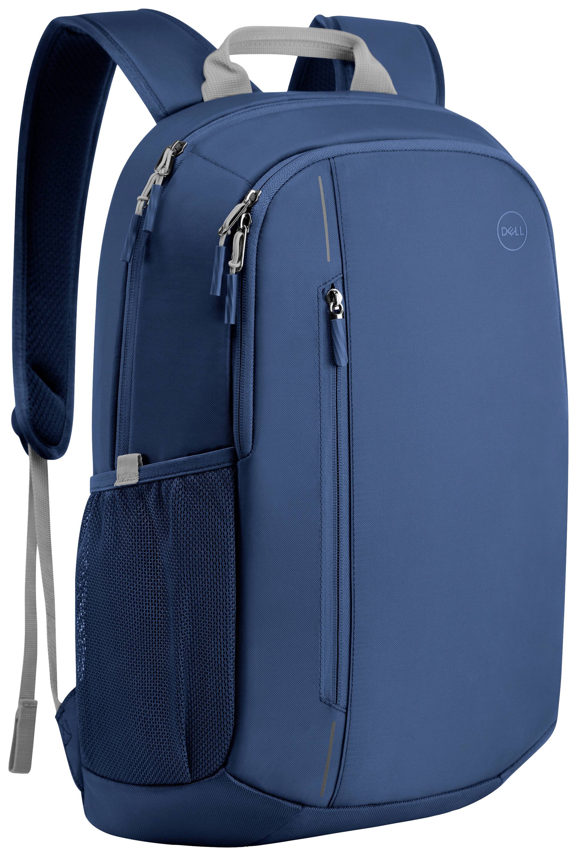 Ein blauer Laptop-Rucksack von Dell mit mehreren Reißverschlusstaschen und einem seitlichen Netzfach. Ideal für Reisen und Beruf.