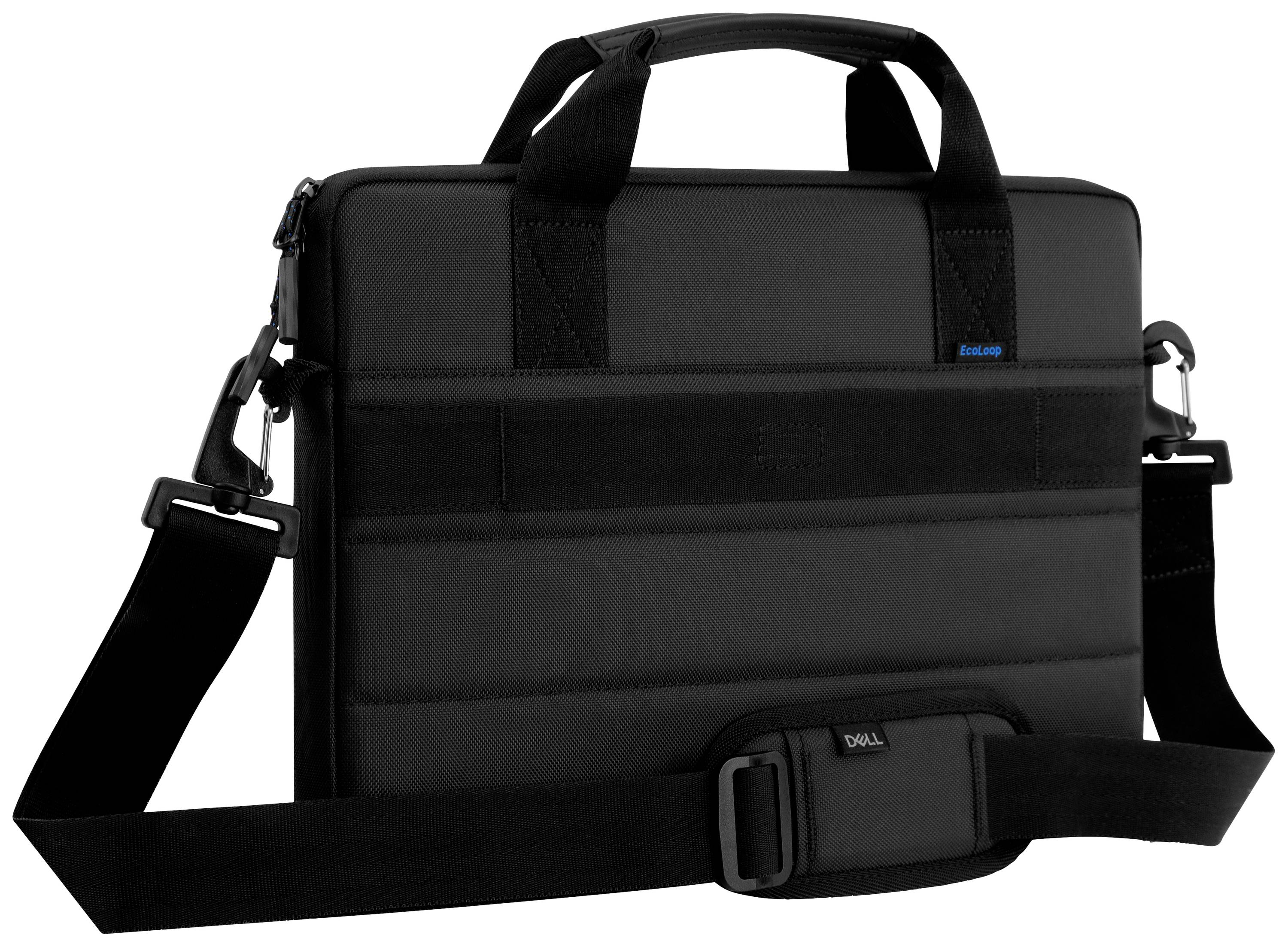 Schwarze Laptoptasche mit Trageriemen und verstärkten Griffen, geeignet für den sicheren Transport von Laptops.