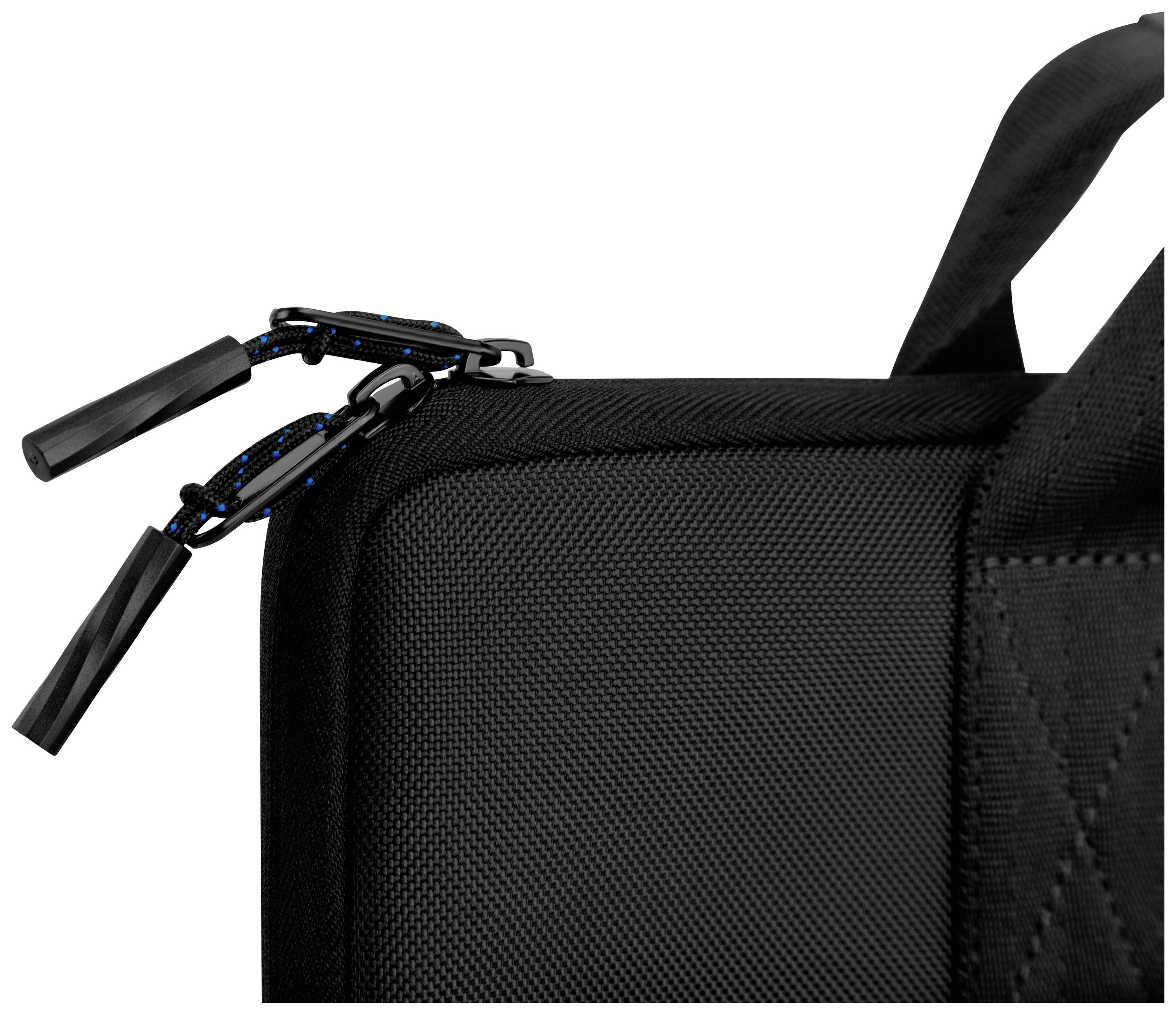 Ein schwarzer Reißverschluss an einer Stofftasche mit einem robusten Griff.