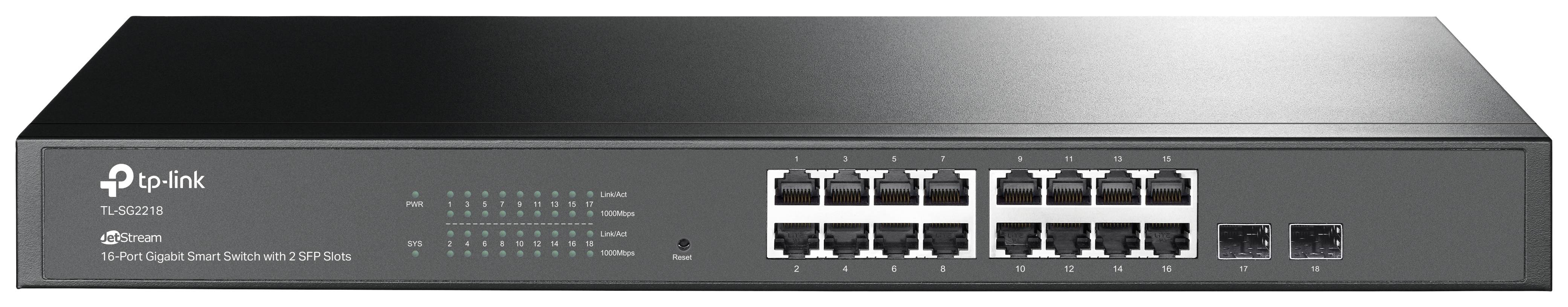 Netzwerk-Switch von TP-Link mit 16 Ethernet-Ports und SFP-Steckplätzen. Modellnummer TL-SG1016PE.