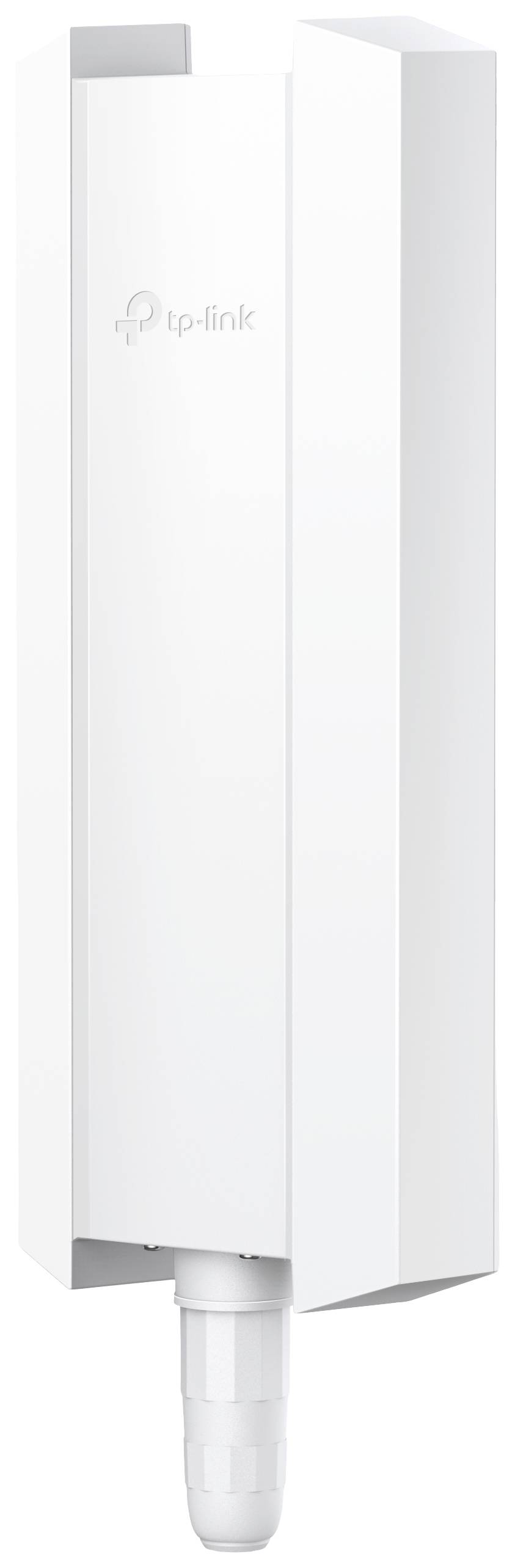 Ein weißer TP-Link Outdoor-WLAN-Access-Point mit vertikalem Gehäuse und Antenne. Ideal für den Außeneinsatz zur Erweiterung des WLAN-Netzwerks.