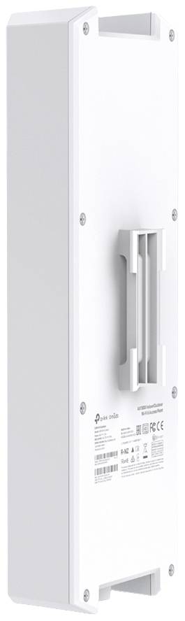 Weiße, rechteckige Outdoor-Router mit Halterungen an der Rückseite, geeignet für Wandmontage. Enthält technische Spezifikationen.