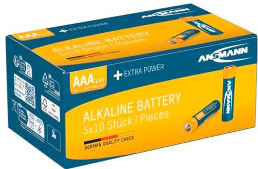 Kasten mit ANSMANN Alkali-AAA-Batterien, 5x10 Stück, mit Produktabbildungen und 