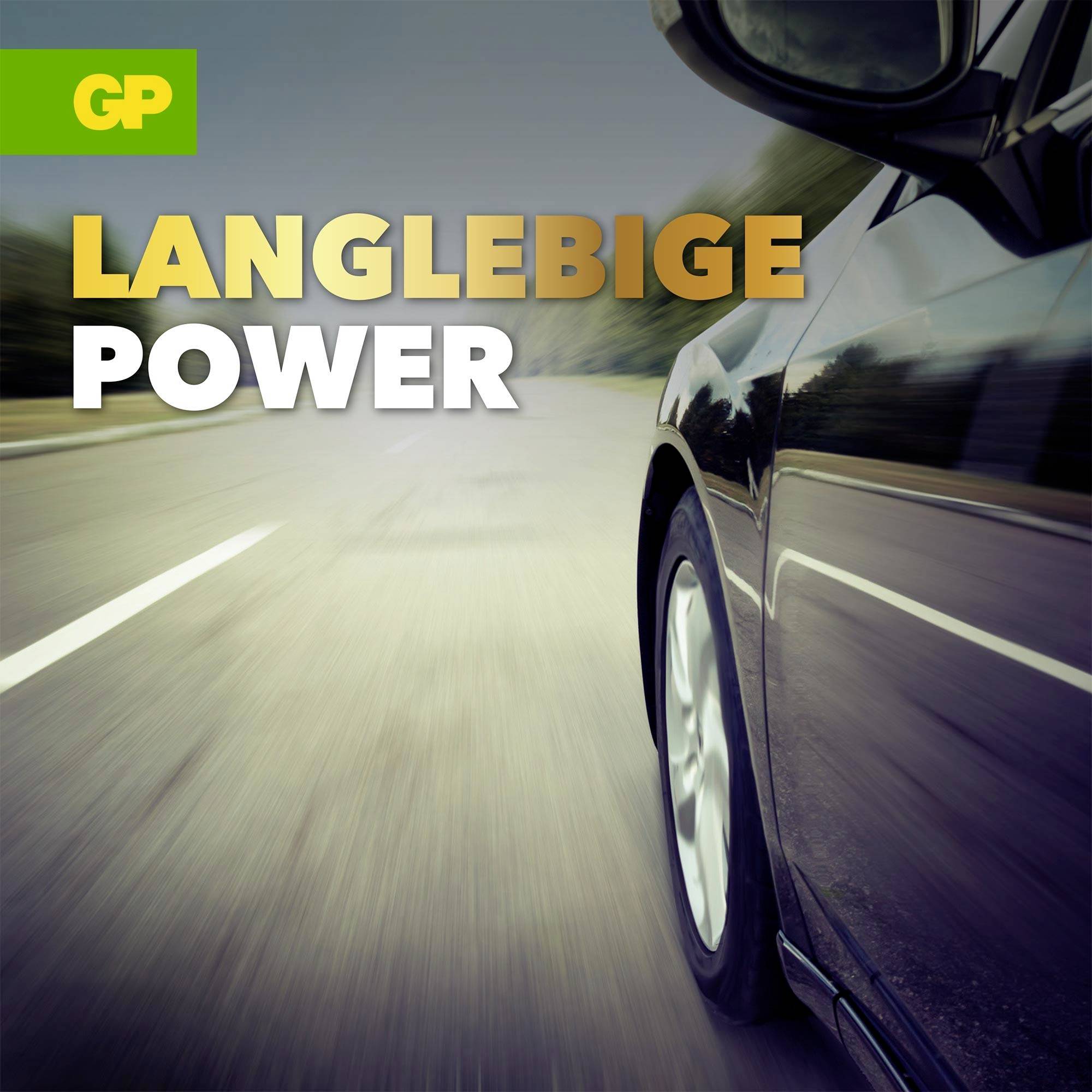 Werbung für GP: Fahrender schwarzer Wagen mit dem Slogan 'LANGLEBIGE POWER' auf grünem Hintergrund.