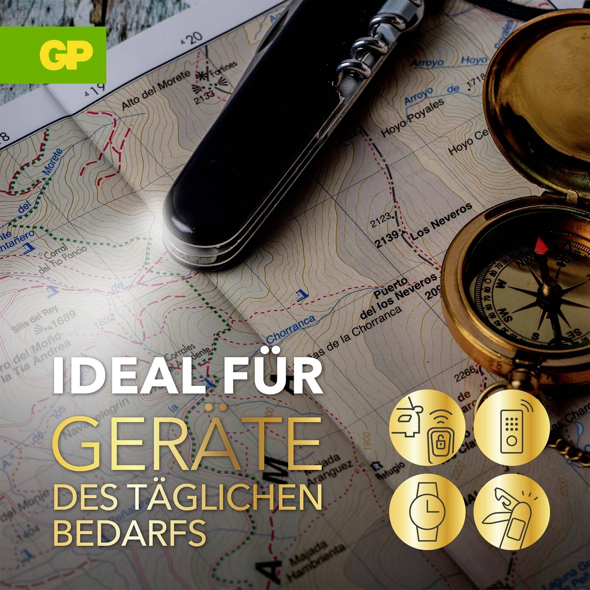 Werbebild mit Kompass, Karten und Smartphone; Text: 'IDEAL FÜR GERÄTE DES TÄGLICHEN BEDARFS'.