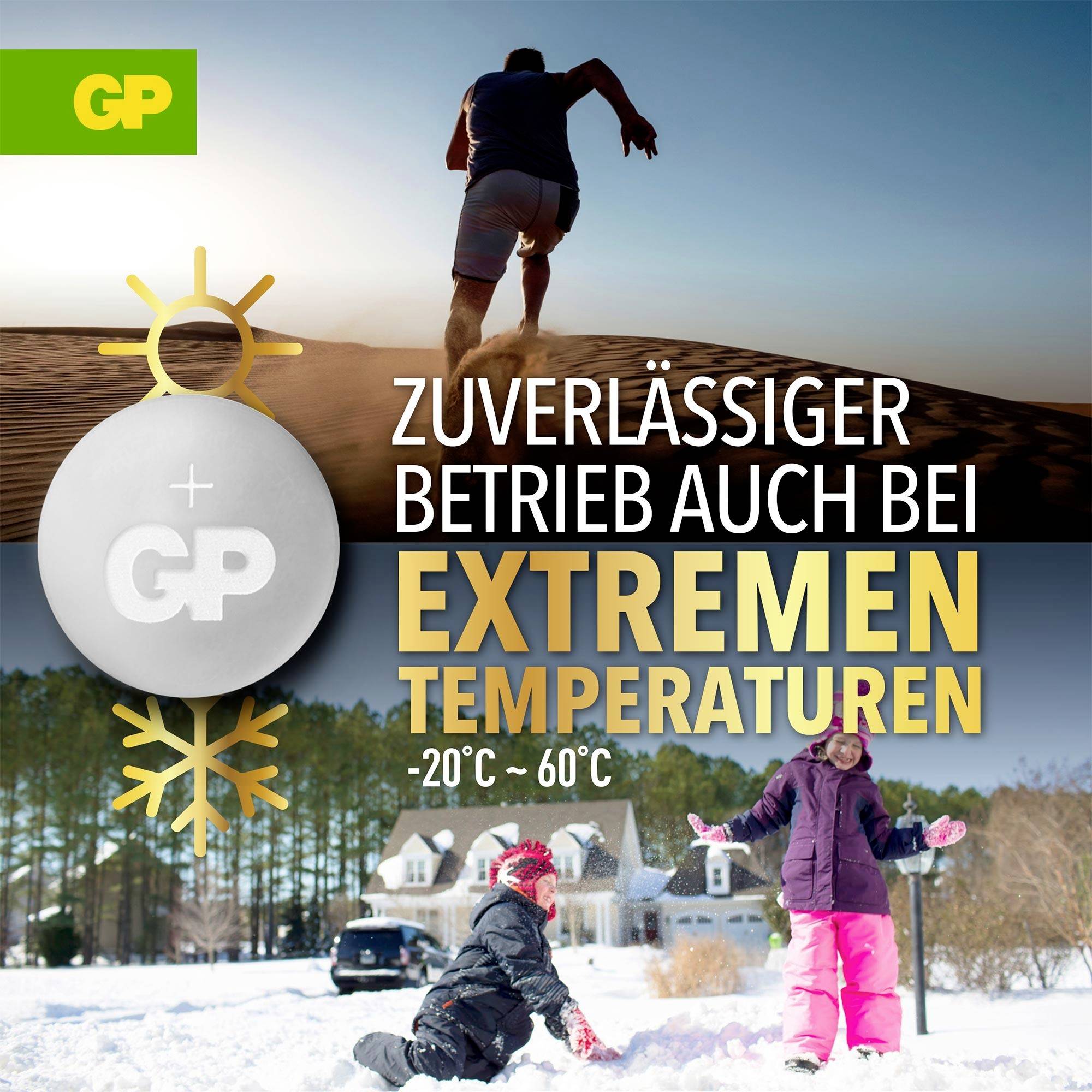 Werbeplakat mit GP-Logo: robuste GP-Technik für zuverlässigen Betrieb bei extremen Temperaturen von -20 °C bis 60 °C; Winter- und Wüstenszene.