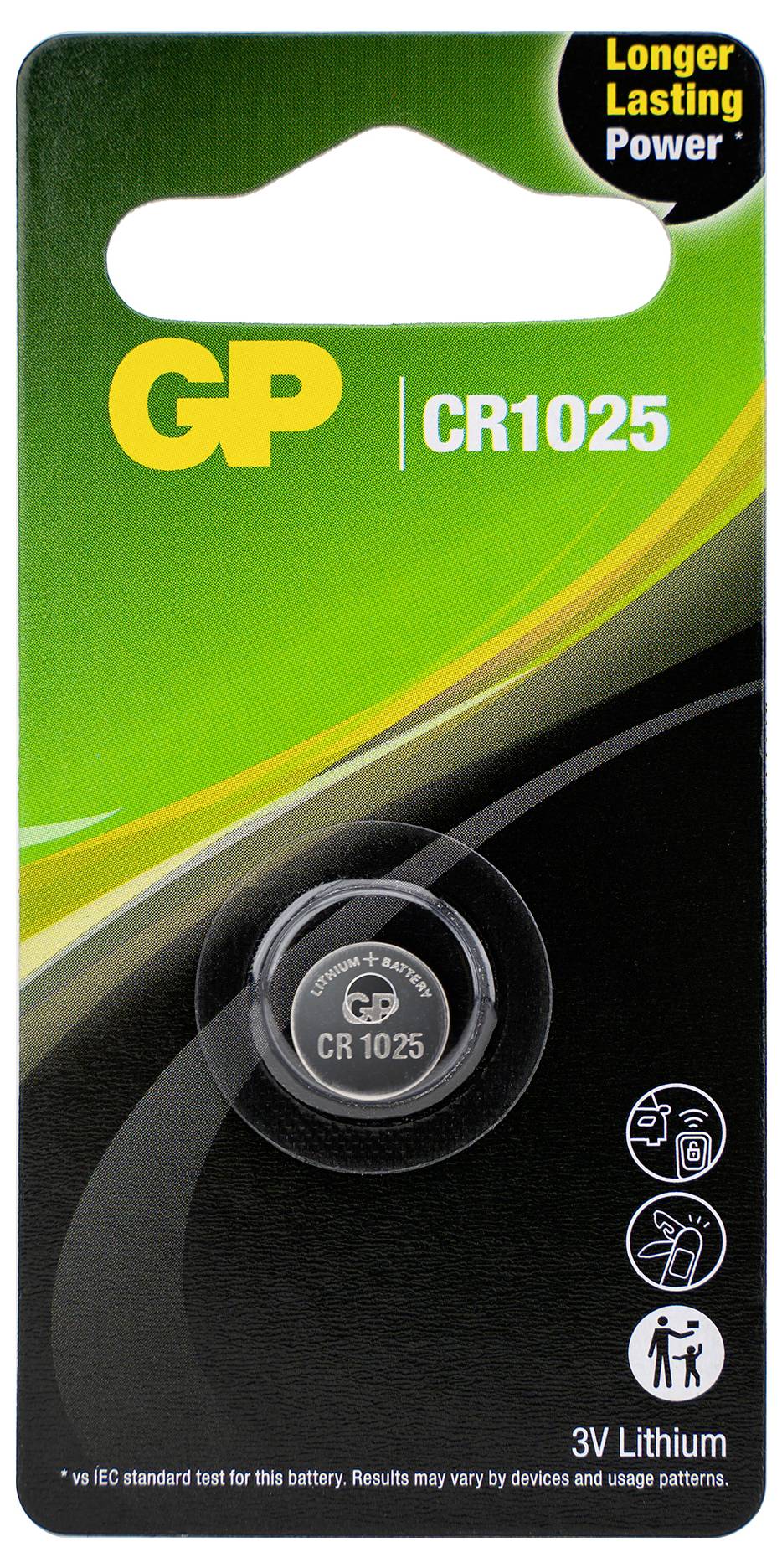 Verpackung einer Knopfzellenbatterie GP CR1025, 3V Lithium, mit Text 'Länger anhaltende Leistung' oben rechts.