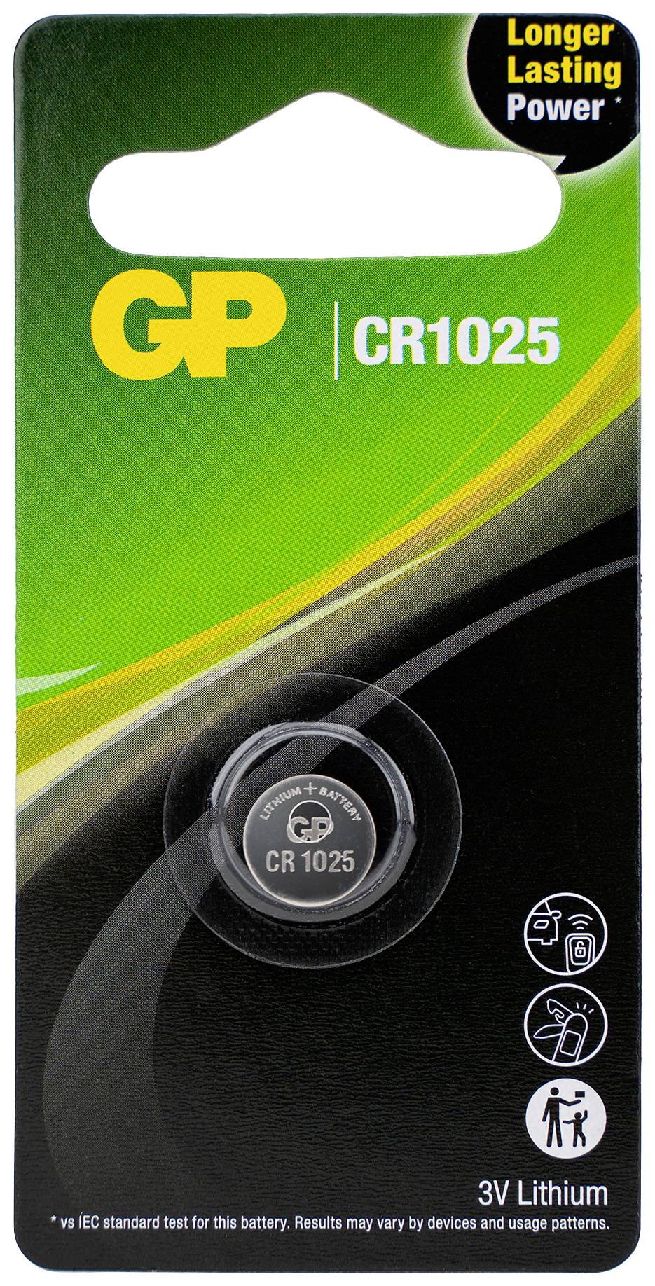 Verpackung einer Knopfzellenbatterie GP CR1025, 3V Lithium, mit Text 'Länger anhaltende Leistung' oben rechts.