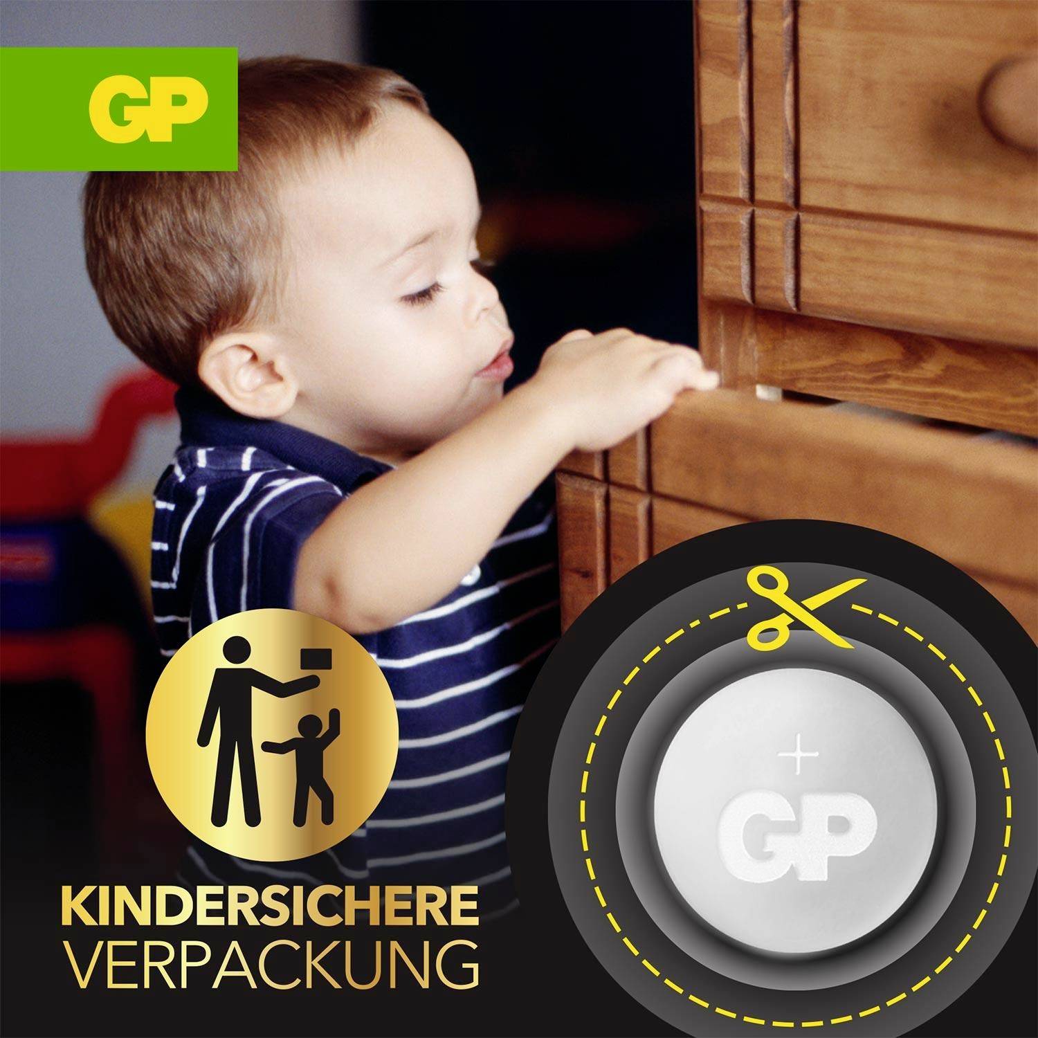 Kleinkind greift nach einer Medikamentenverpackung; Hinweisgrafik zu 'Kindersichere Verpackung' mit GP-Logo und Scheren-Symbol.
