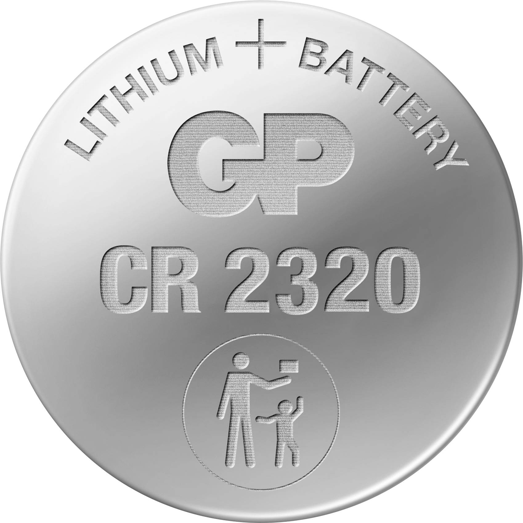 Silberne Knopfzelle mit Aufdruck 'GP CR 2320' und 'Lithium Battery', unten Symbol mit Kleinkind: nicht für Kinder geeignet.