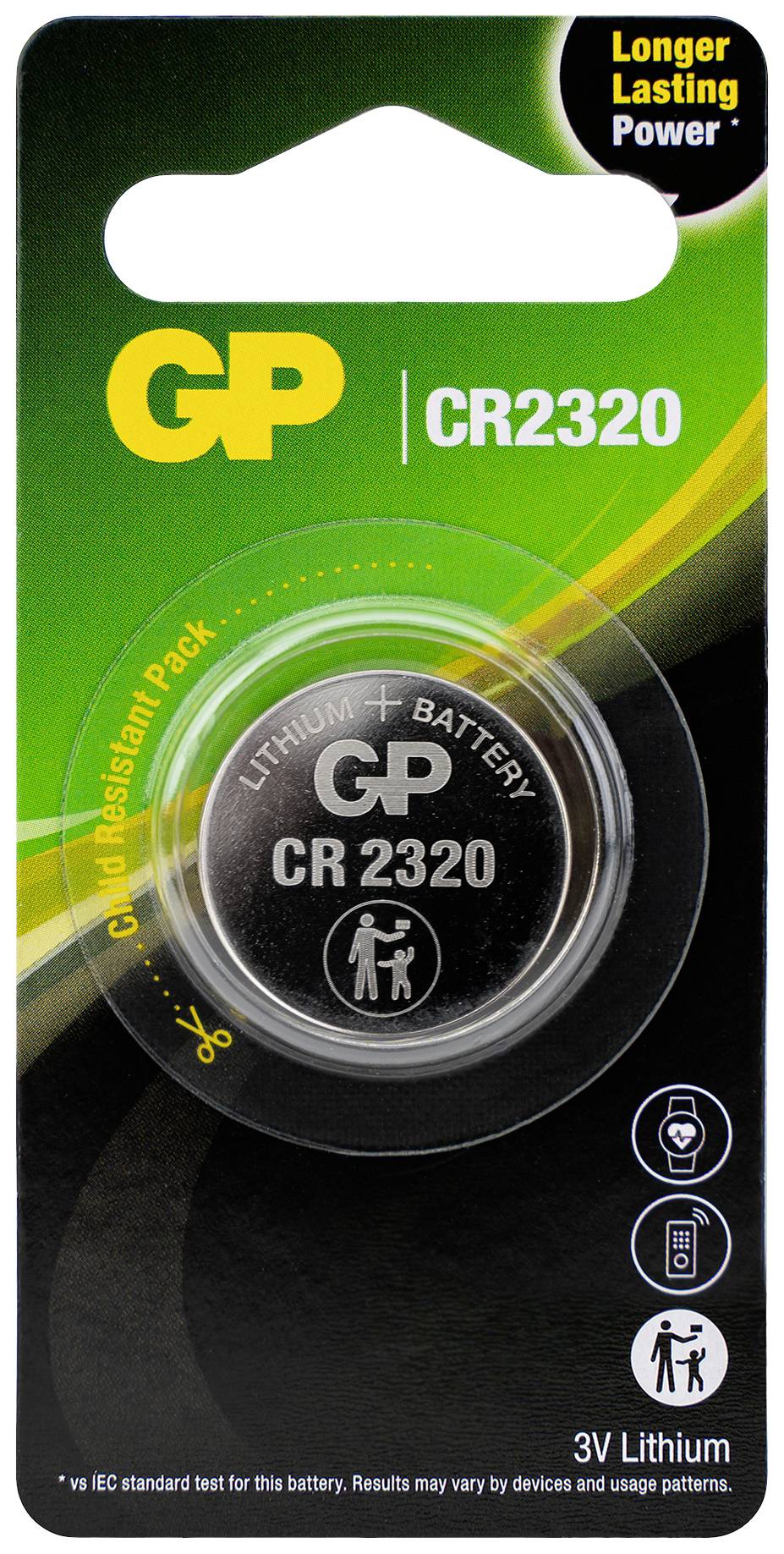'CR2320' Knopfzellenbatterie von GP. Verpackung mit Highlight 'Longer Lasting Power'. Lithium 3V, kindersicheres Design.