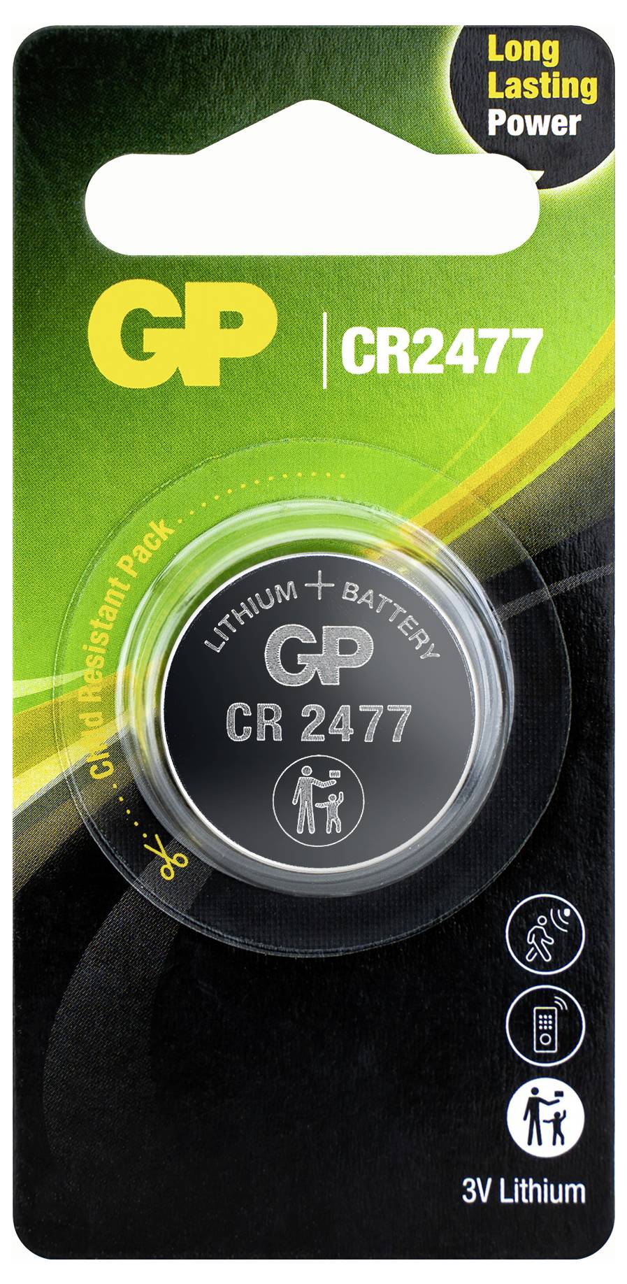 Lithium-Knopfzellenbatterie CR2477 in Verpackung, Markenname 'GP' sichtbar, hervorgehobene Funktionen: 'Long Lasting Power'.