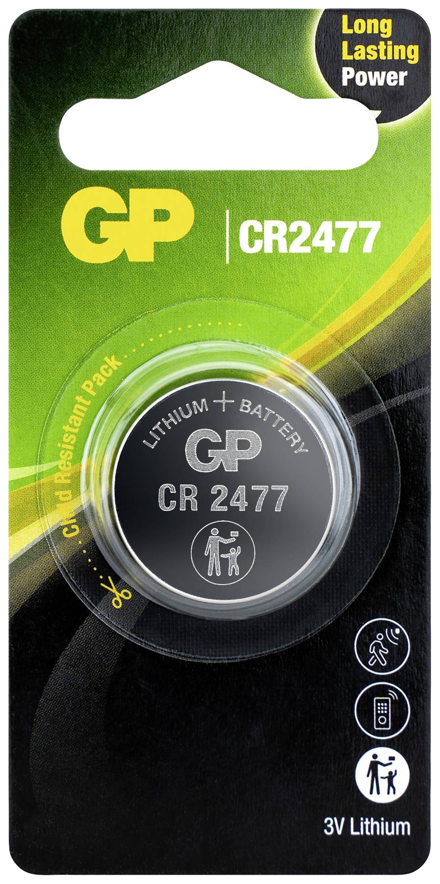 Lithium-Knopfzellenbatterie CR2477 in Verpackung, Markenname 'GP' sichtbar, hervorgehobene Funktionen: 'Long Lasting Power'.