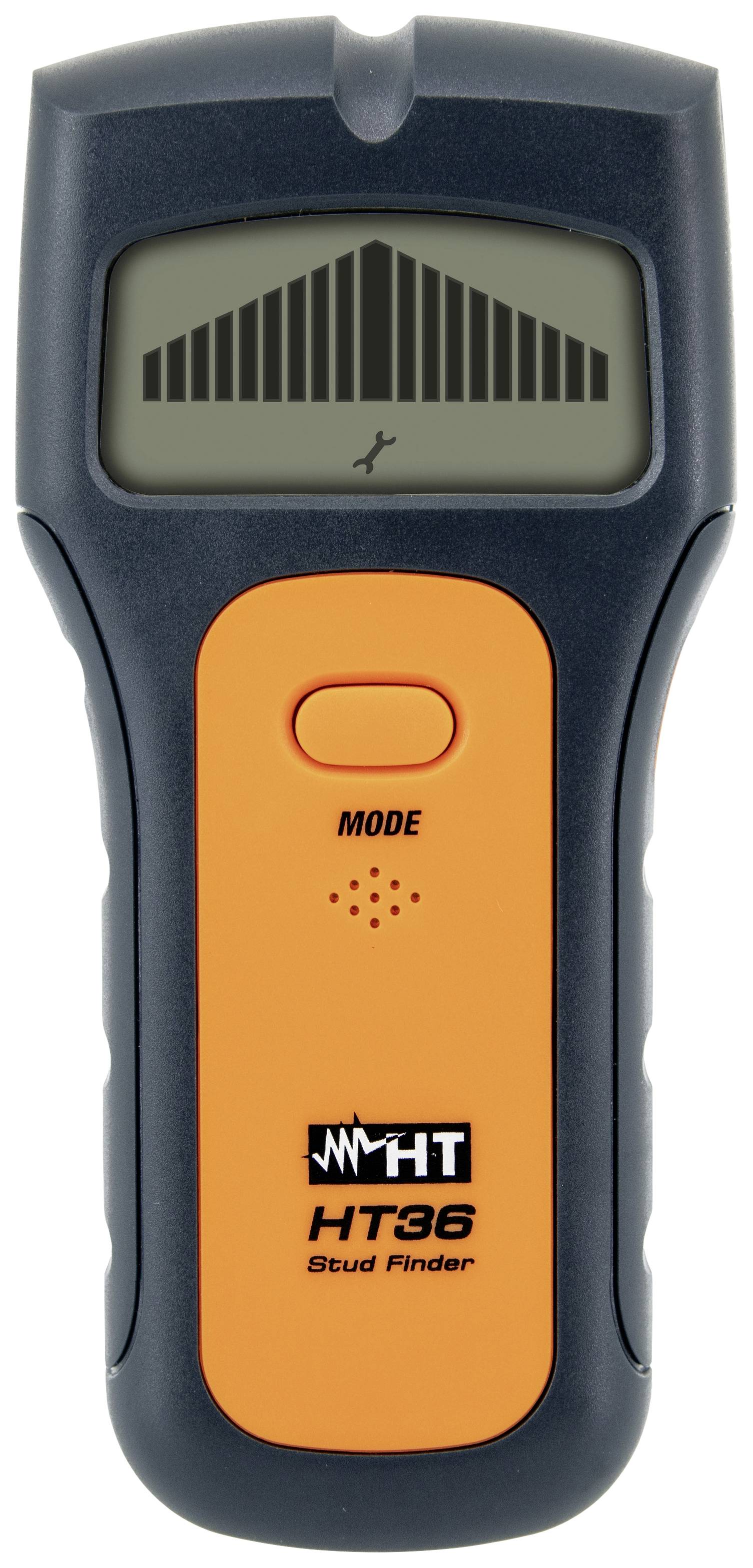 Ein elektronischer Balkensucher mit digitalem Bildschirm, erkennt Metall und Stromleitungen in Wänden. Orange und schwarzes Gehäuse.