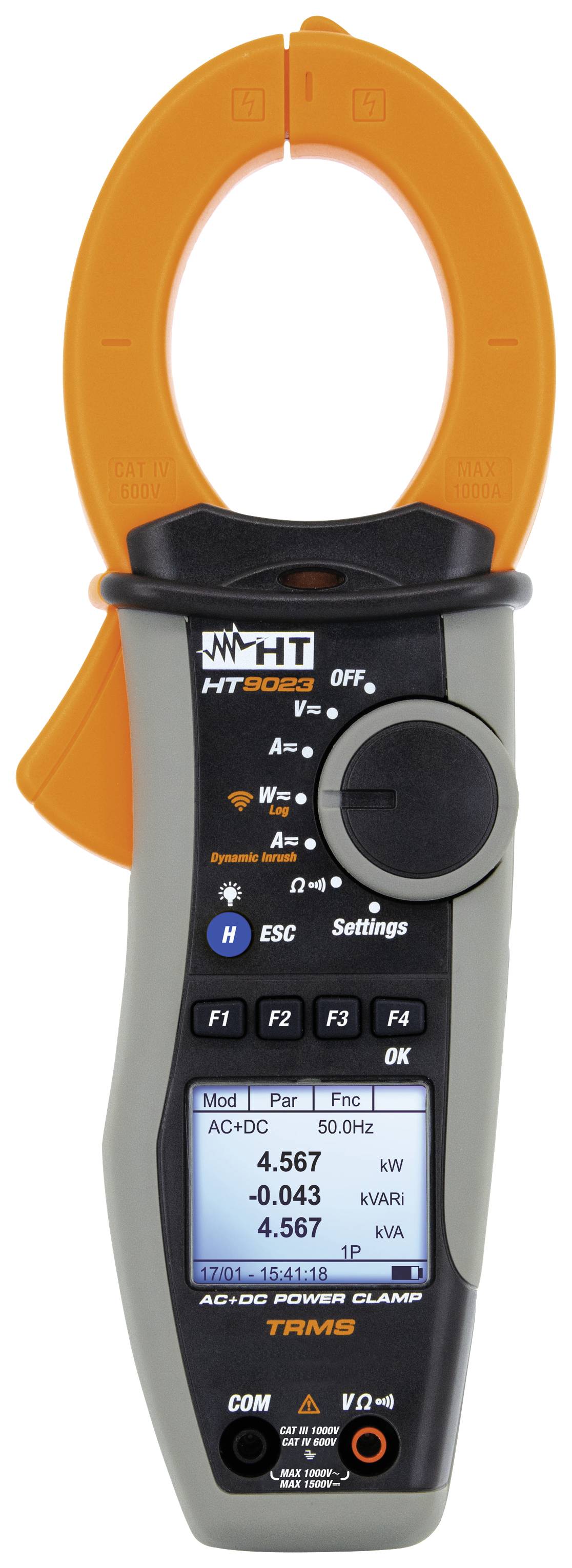 Digitales Multimeter mit orangener Stromzange. Anzeige zeigt Messwerte in kW, VAR, und PF. Steuerung über Knöpfe und Drehrad.