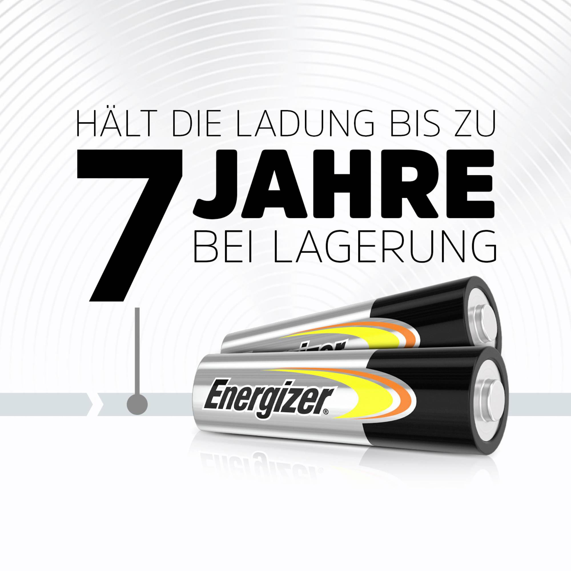 Zwei Alkaline-Batterien mit der Aufschrift 'Energizer'. Text daneben: 'Hält die Ladung bis zu 7 Jahre bei Lagerung'.