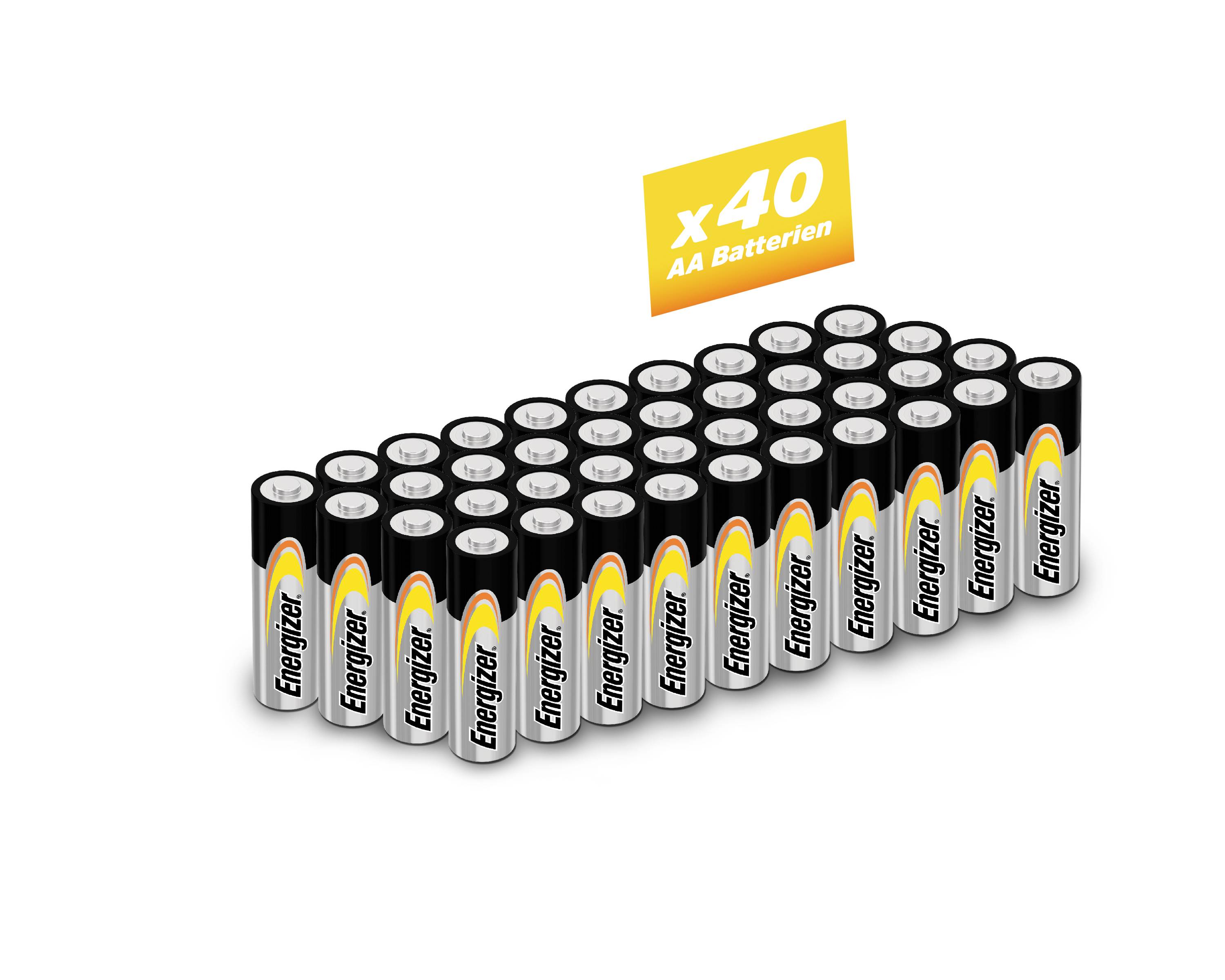 '40 Energizer AA Batterien' sind ordentlich in mehreren Reihen gestapelt zu sehen. Eine gelbe Plakette zeigt 'x40 AA Batterien'.