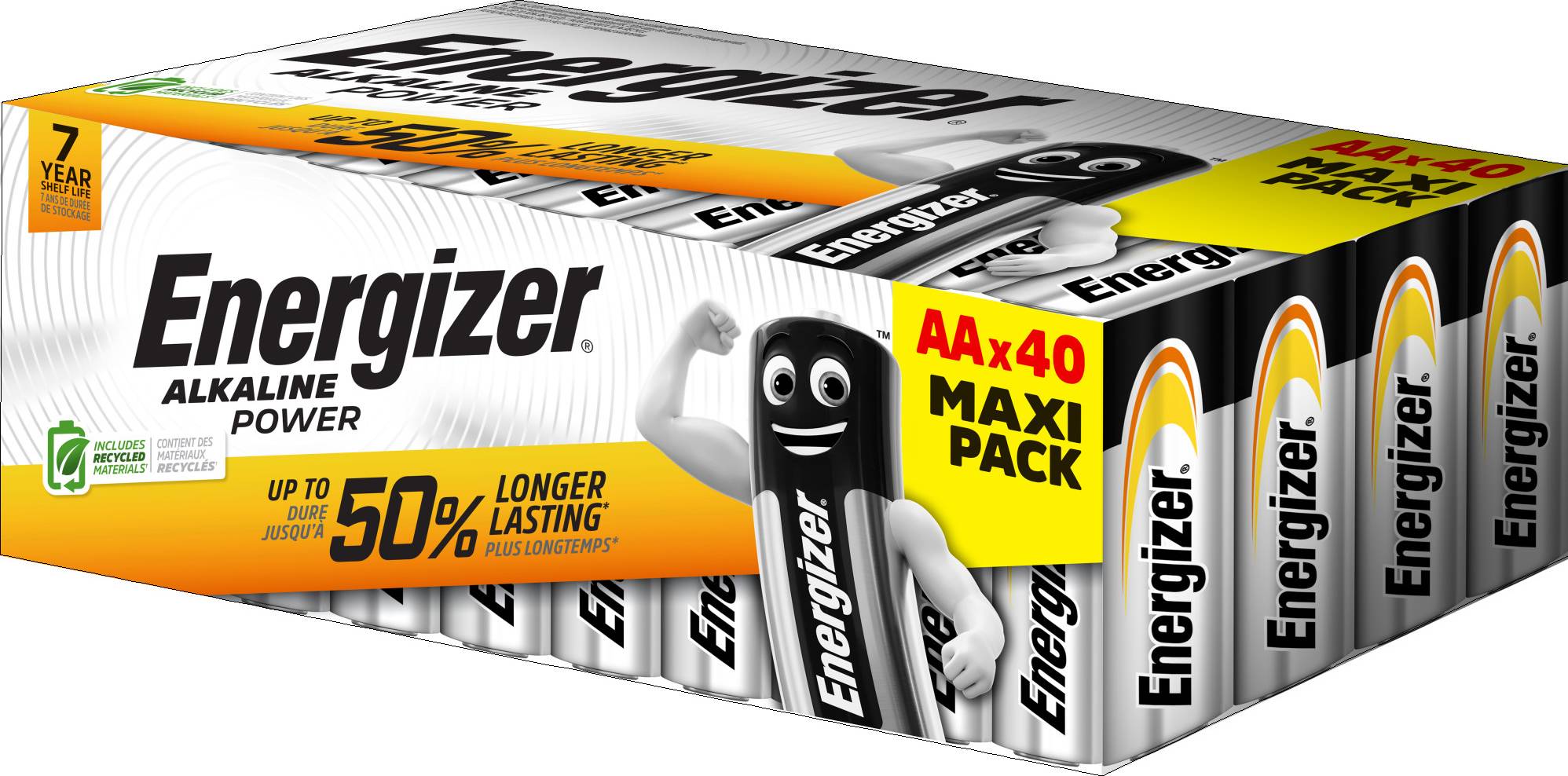 Großpackung Energizer AA-Alkalibatterien, 40 Stück. Verspricht bis zu 50 % längere Lebensdauer im Vergleich zu herkömmlichen Batterien.