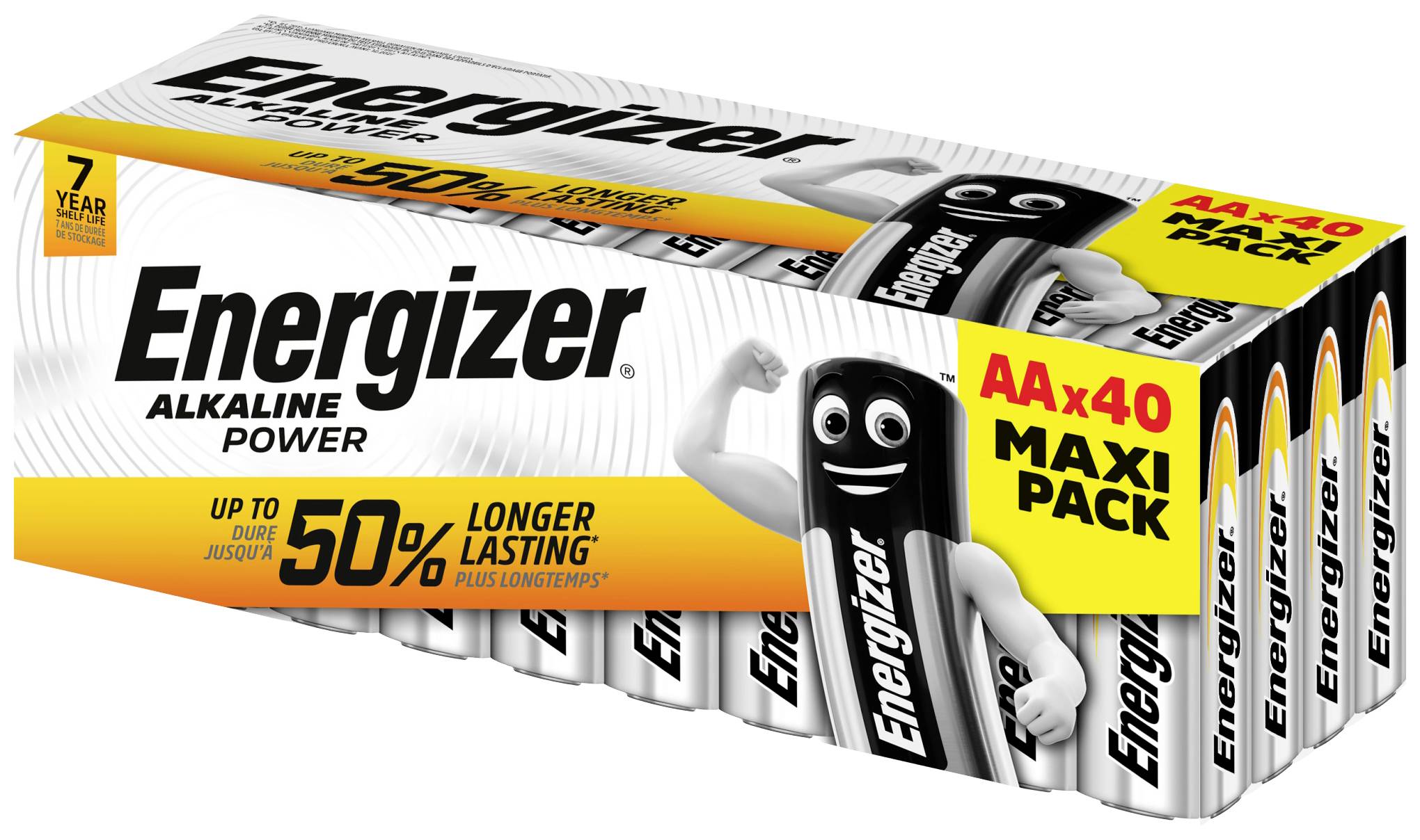Energizer Alkaline Batterien, Maxi Pack mit 40 Stück, verspricht bis zu 50 % längere Lebensdauer. Verpackung zeigt Batteriemaskottchen.