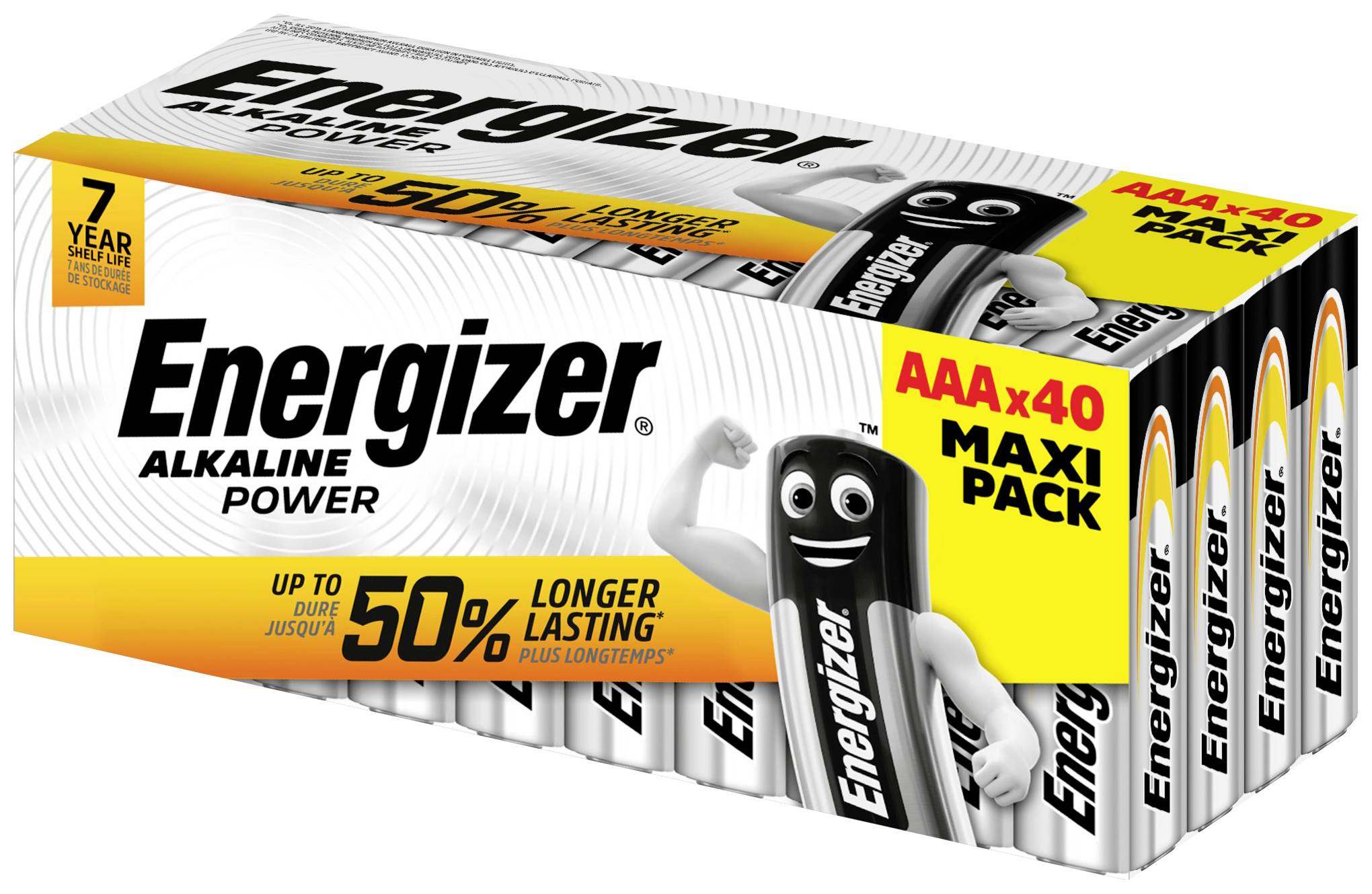 'Energizer Alkaline Power' Batterienpackung mit 40 AAA-Batterien. Aufschrift: 'Bis zu 50% länger anhaltend'. Enthält ein Maskottchen.