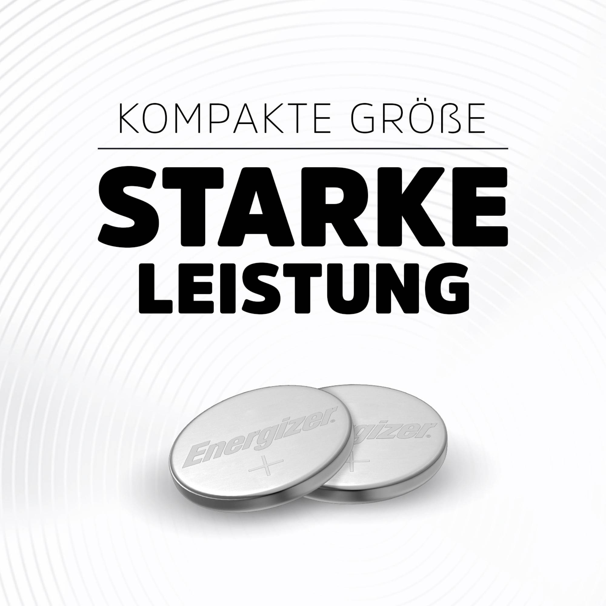 Zwei silberne Batterien und der Text: Kompakte Größe, starke Leistung.