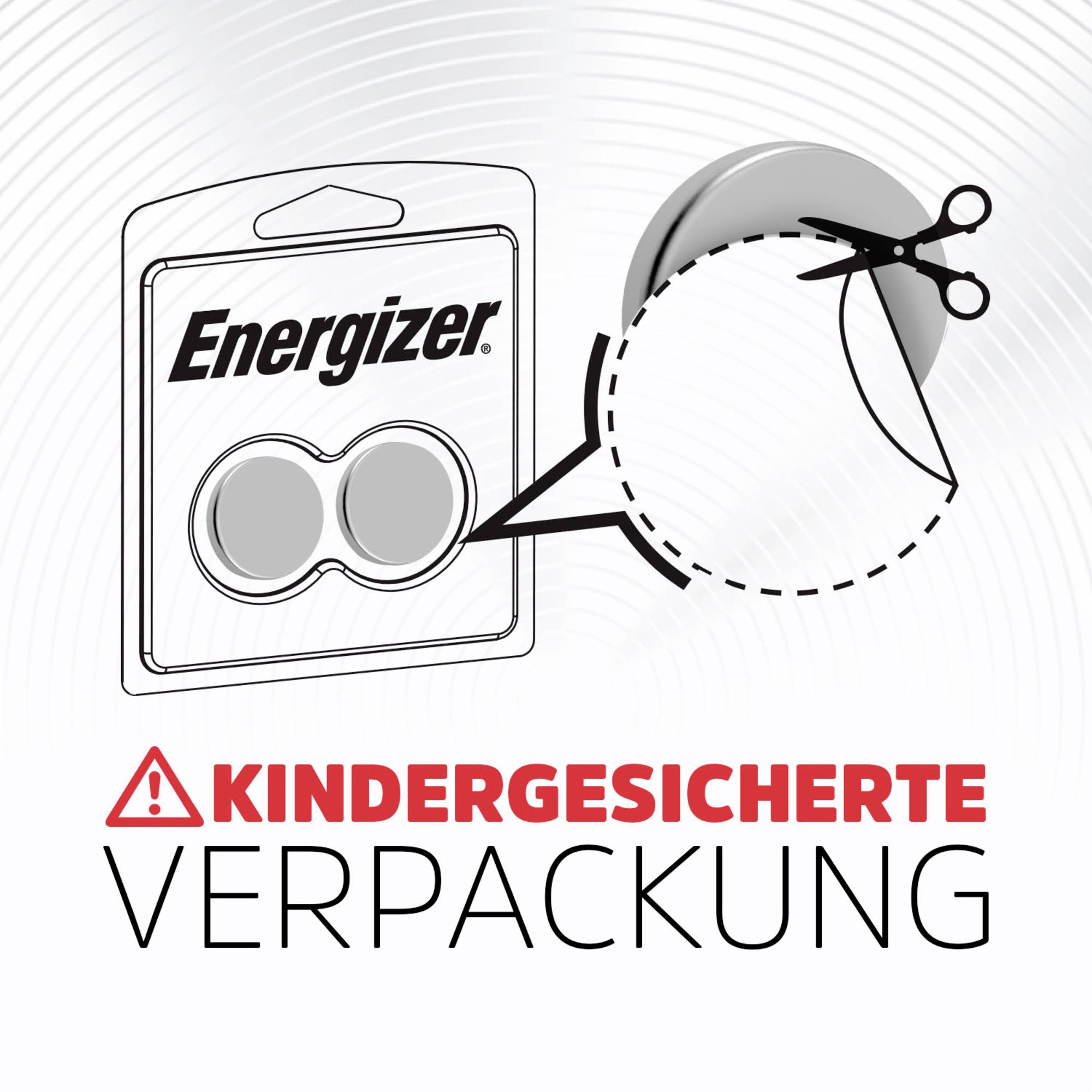 'Kinder gesicherte Verpackung' zeigt eine Verpackung von Knopfzellen-Batterien und eine Schere, die die sichere Öffnung illustriert.