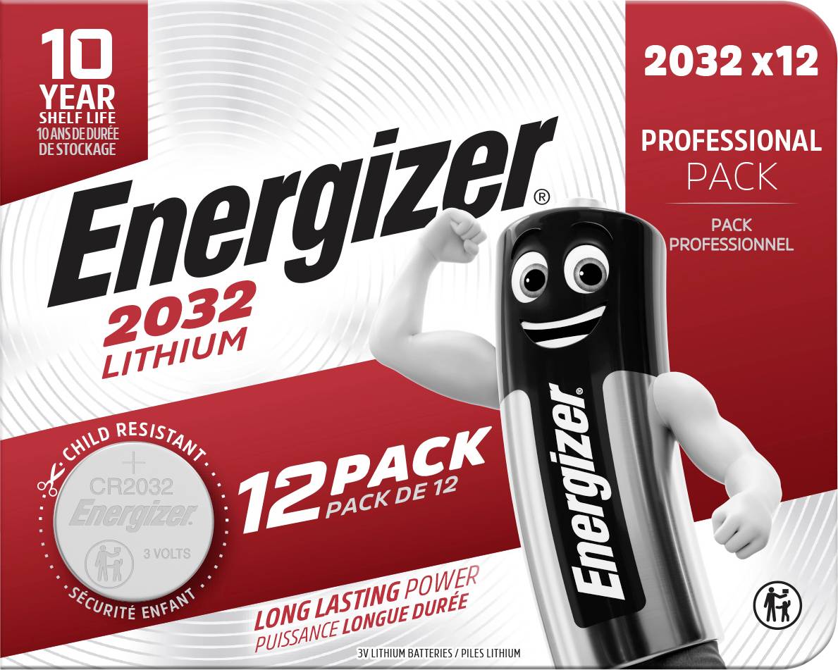 Energizer 2032 Lithium-Batterie 12er-Pack. Merkmale: 10 Jahre Haltbarkeit, Profipack, kindersicheren Verpackung.